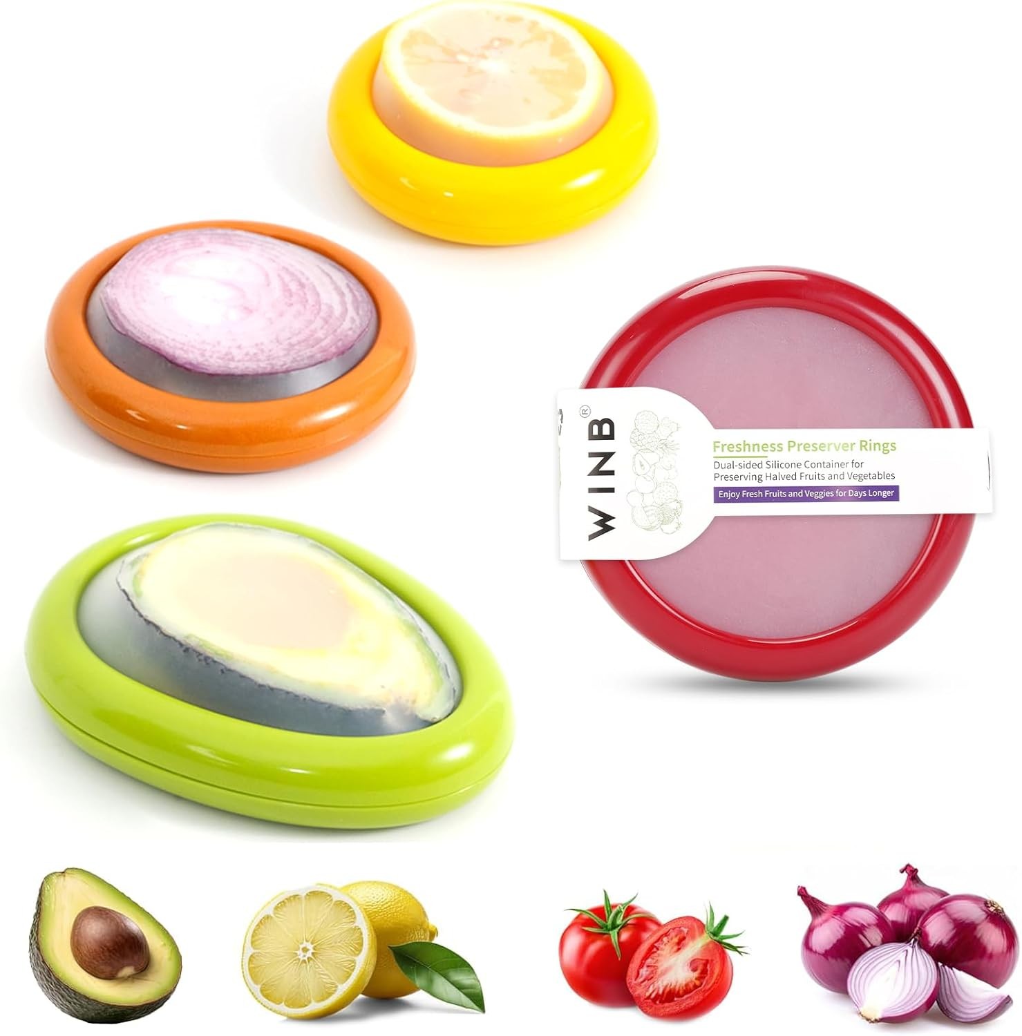 Winb 4-Pack Reusable Fruit & Veggie Savers for Avocado Tomato Apple Onion