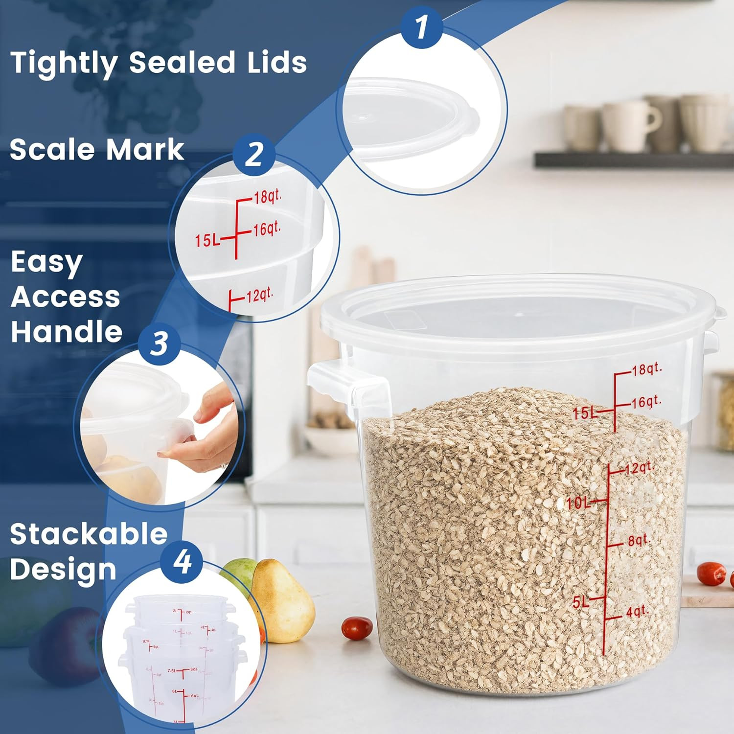 BPA-Free 18QT Round Food Storage Containers – 4 Pack with Lids & Labels
