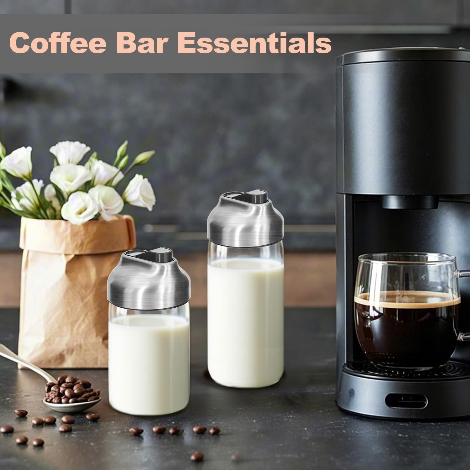 Glass Coffee Creamer Container Set, Creamer Pitcher 7oz + 12oz Glass Dispense…