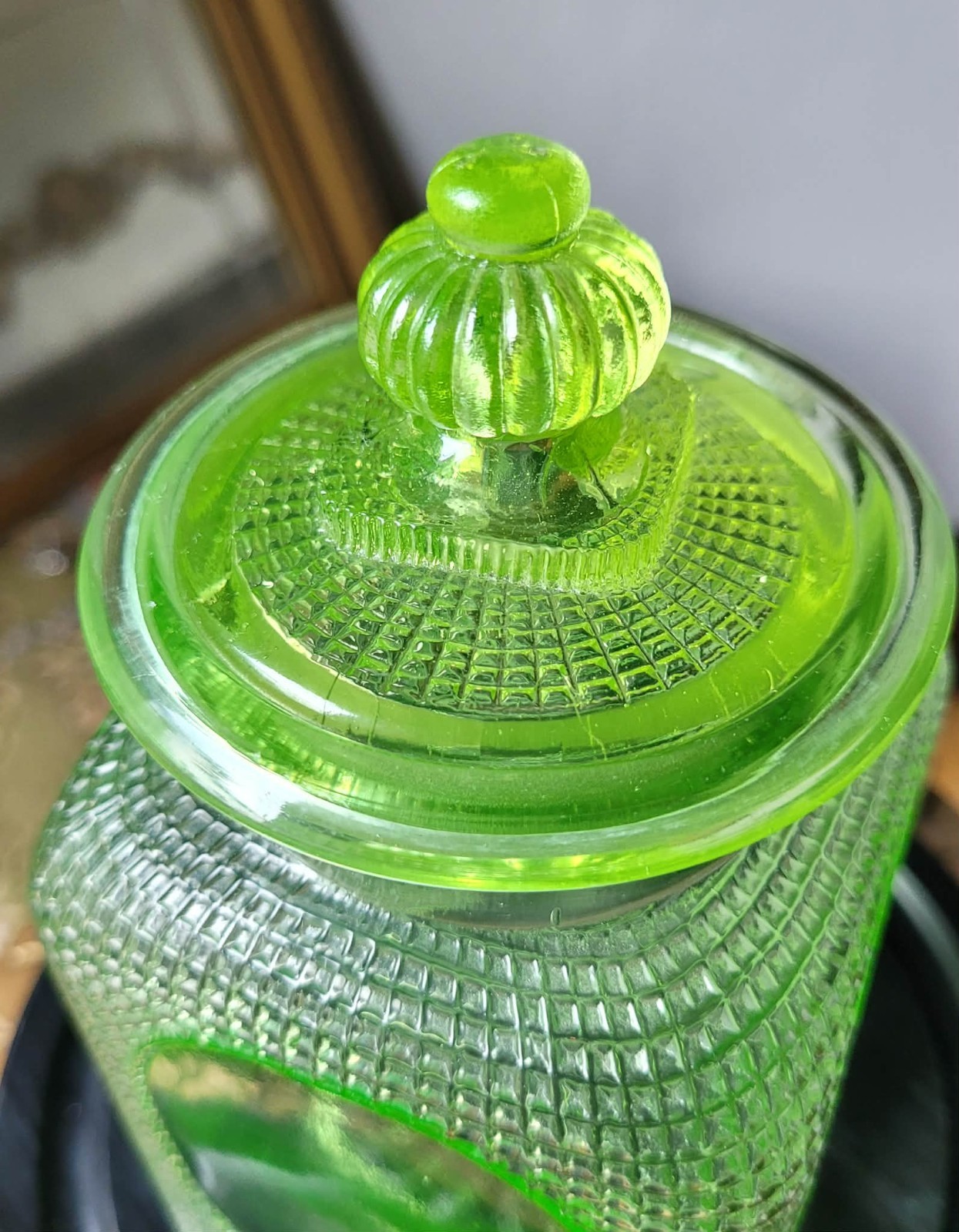 Rare Vtg 30s Japanese Green Glowy Glass Ameyabin Lidded Candy Shop Canister