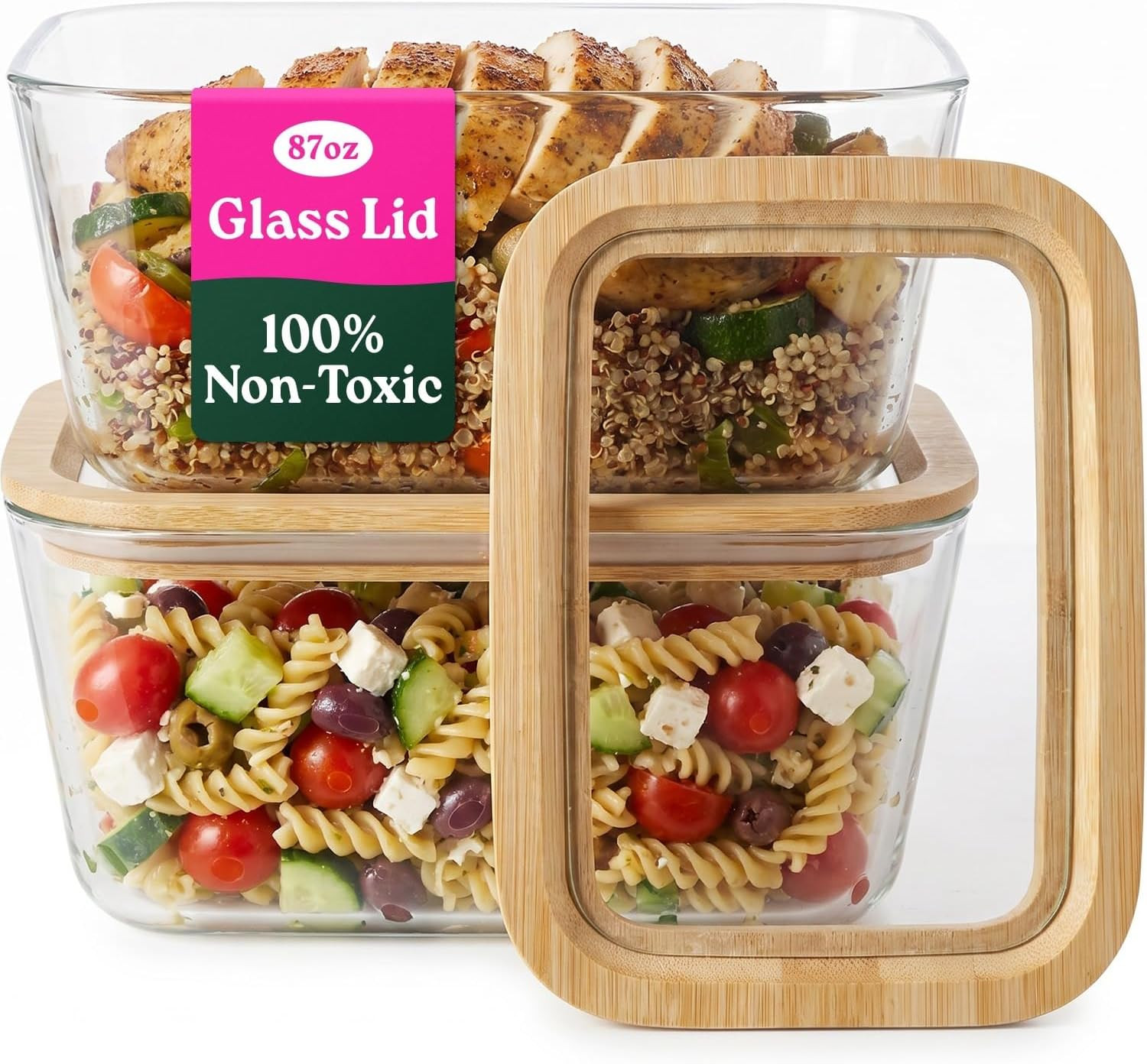 2-Pack-87.7 Oz Large Glass Food Storage Containers with Clear-Top Bamboo Lids –
