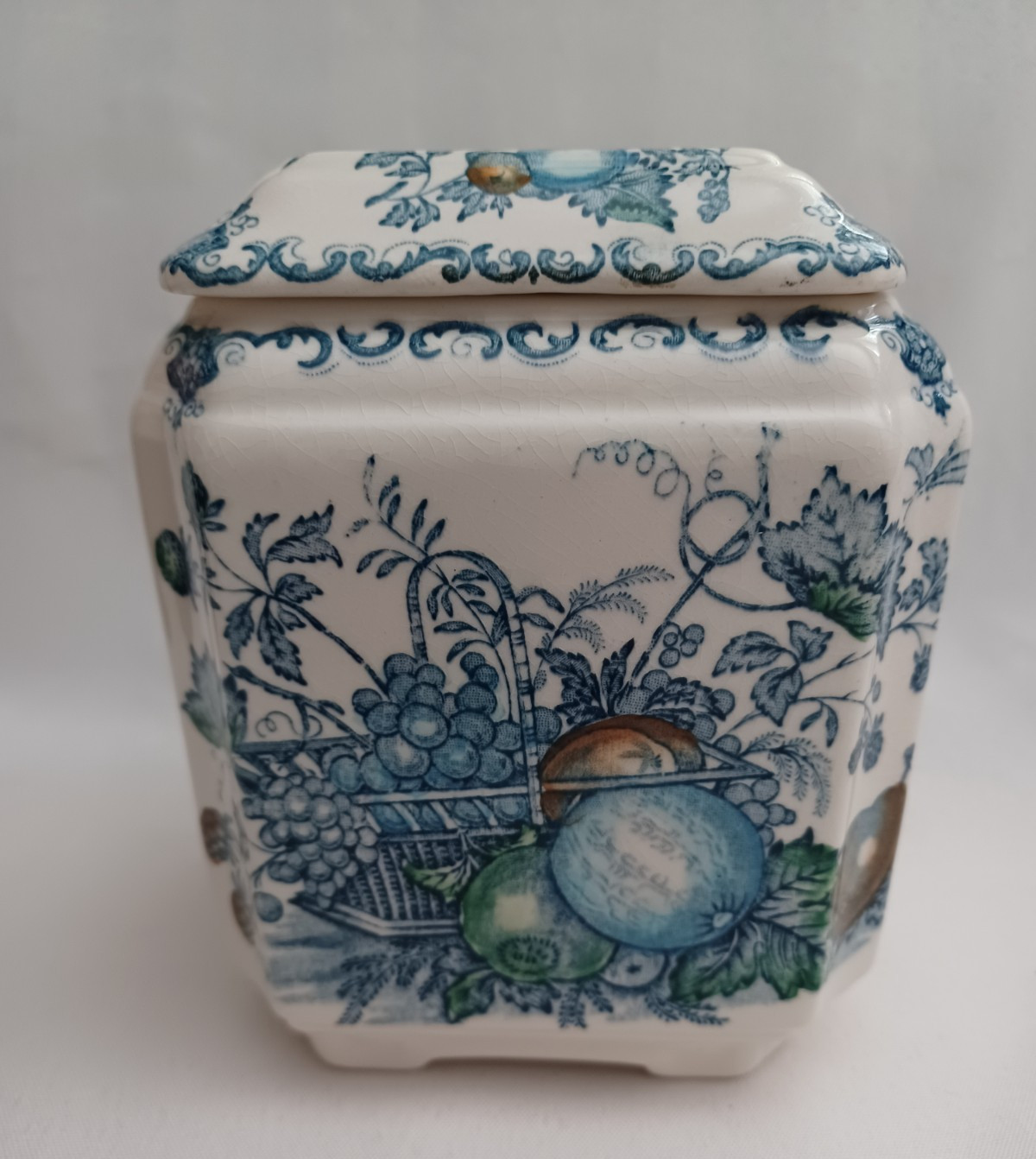 Antique Mason’s Tea Caddy “Fruit Basket” Ironstone England Blue Transferwar MINT