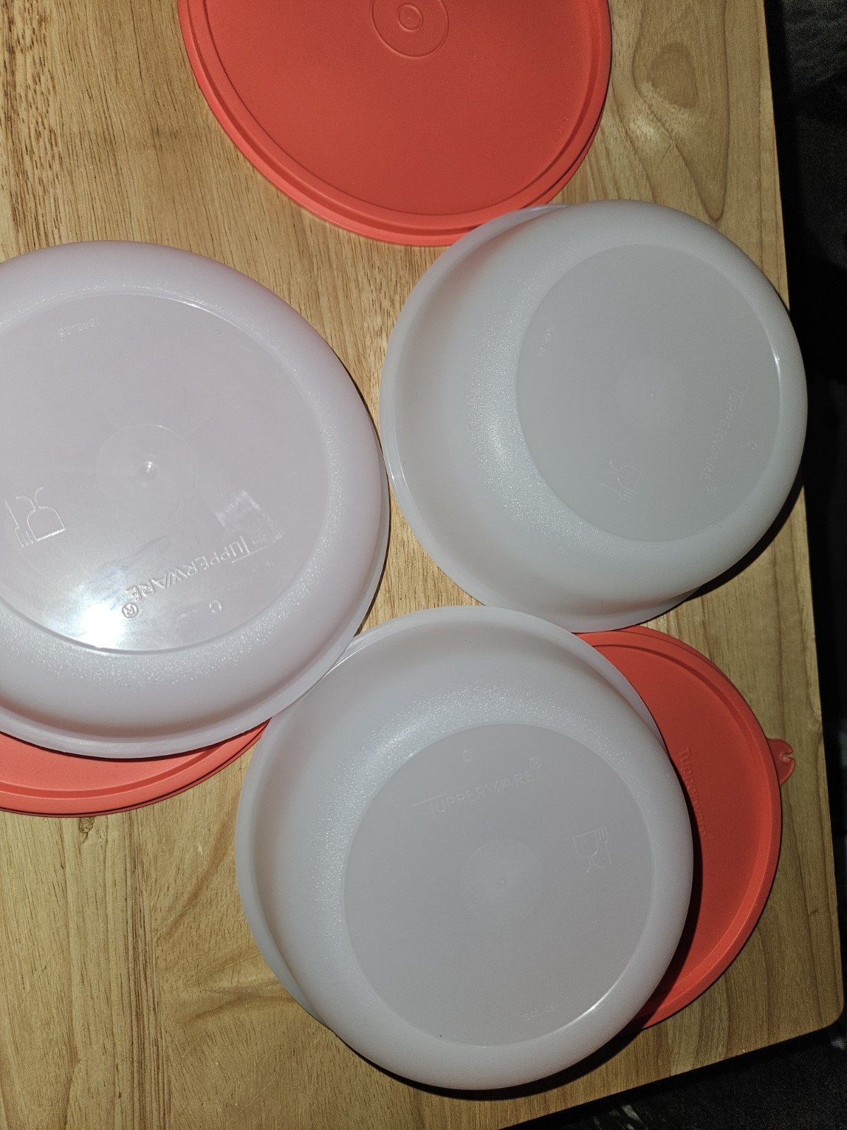 Tupperware Round Plastic Bowl Set, White Bowls Orange Snap Lids, 6-Piece
