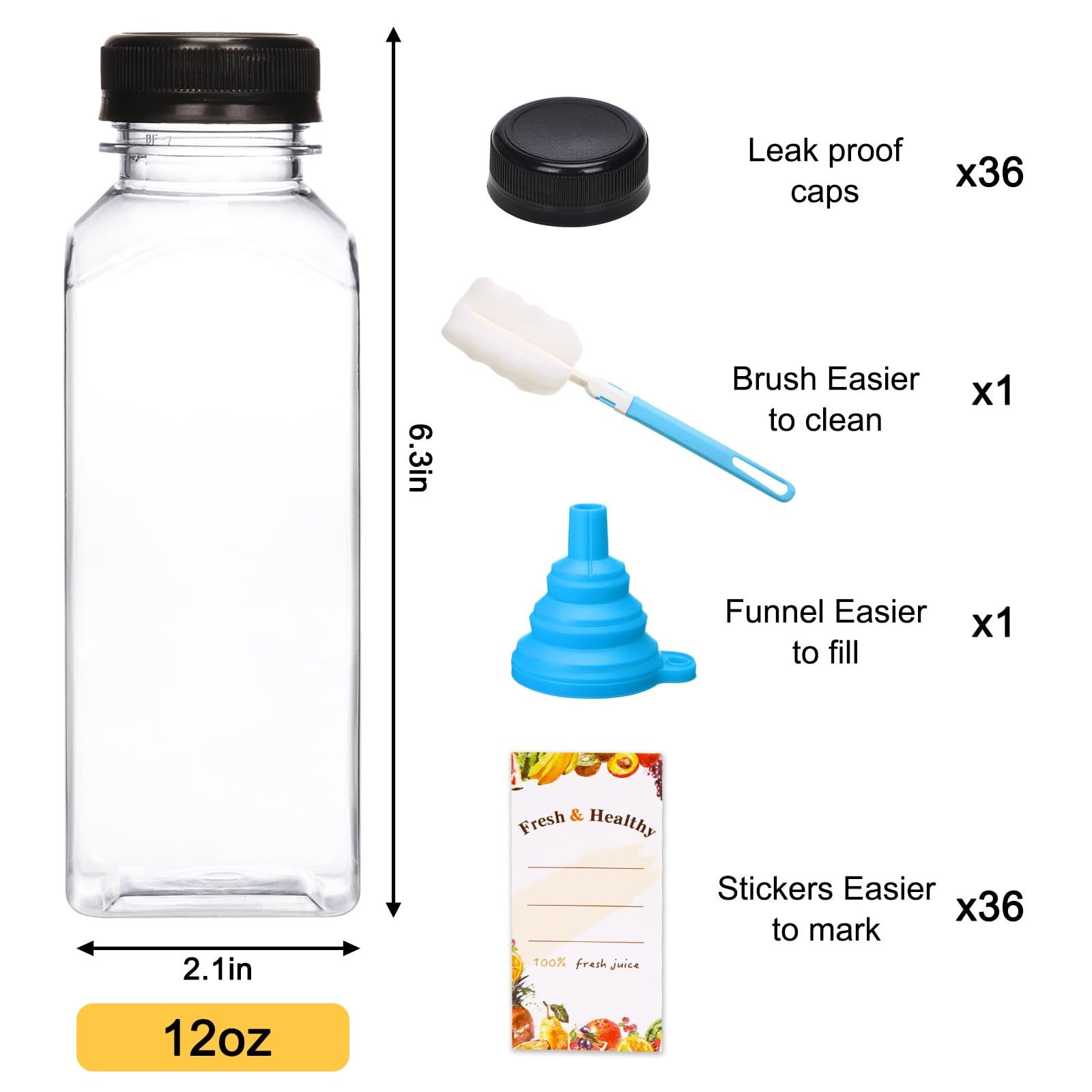 36 PCS 12oz Juice Bottles Plastic Lids Reusable Clear Containers Caps