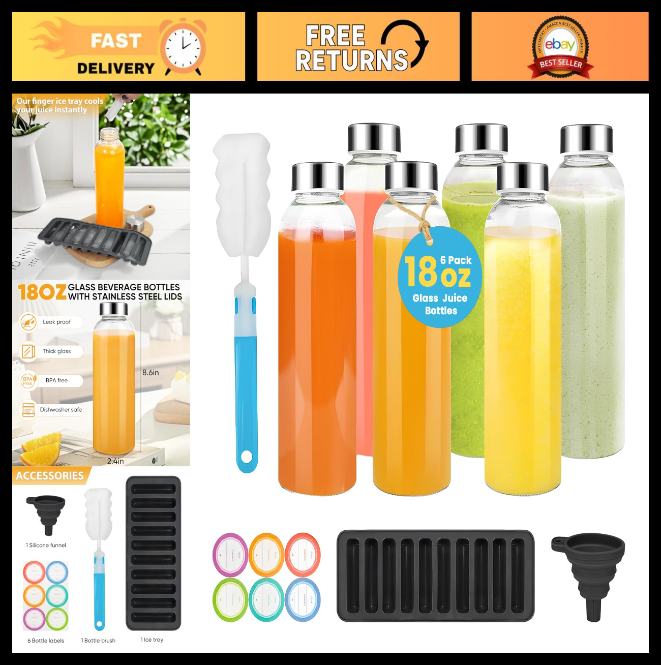 18 oz Reusable Glass Juice Bottles with Lids – Airtight Stainless Steel Caps, 6-