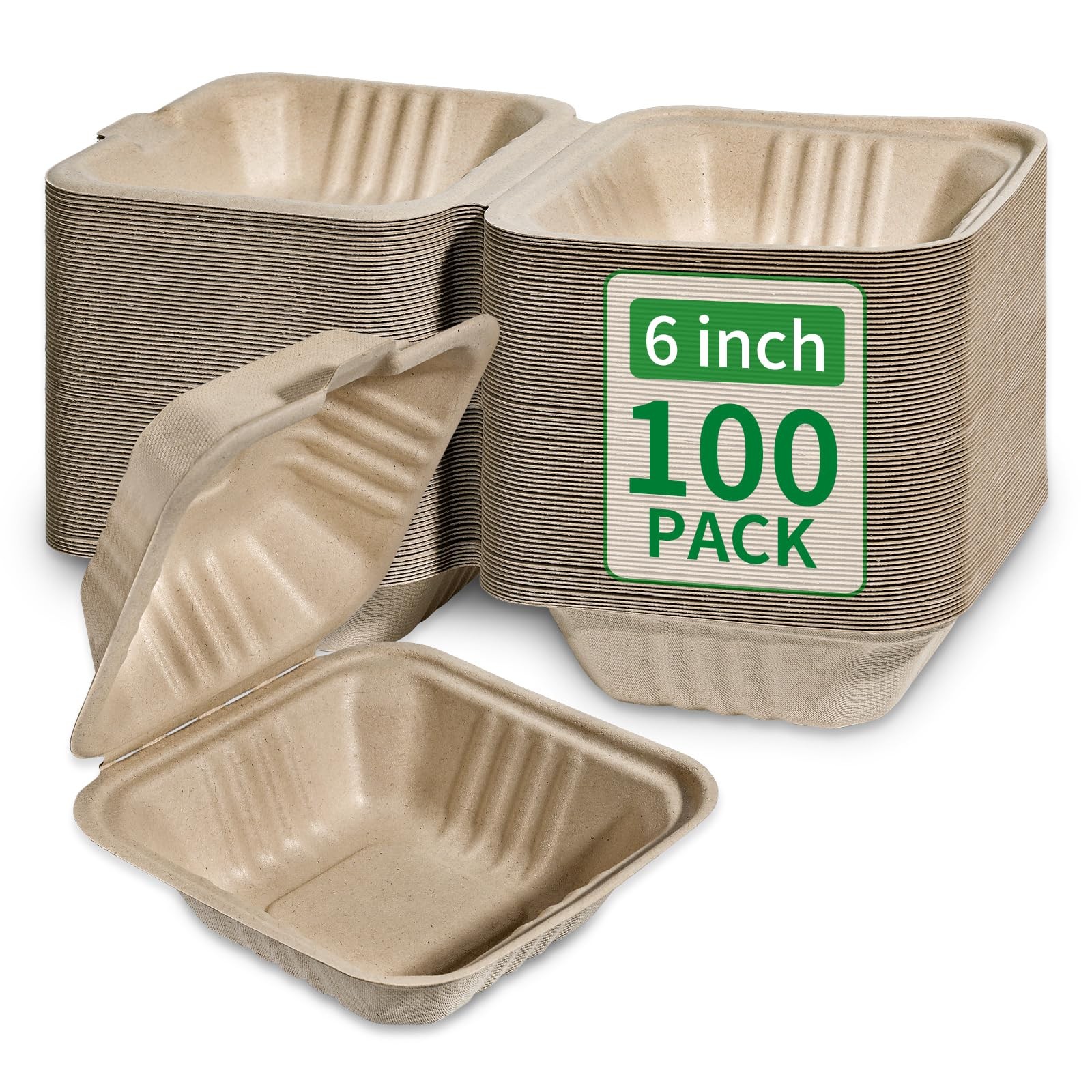 Compostable 100 Pack 6×6 Inch Disposable Square Small Lunch Box Takeout Containe