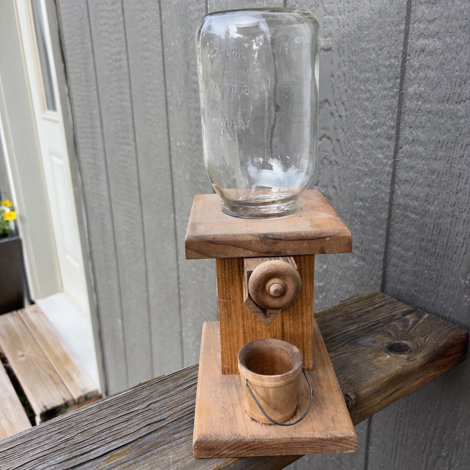 Vintage Oak Wood / Glass Mason Jar Candy Peanut Gumball Dispenser Country Decor