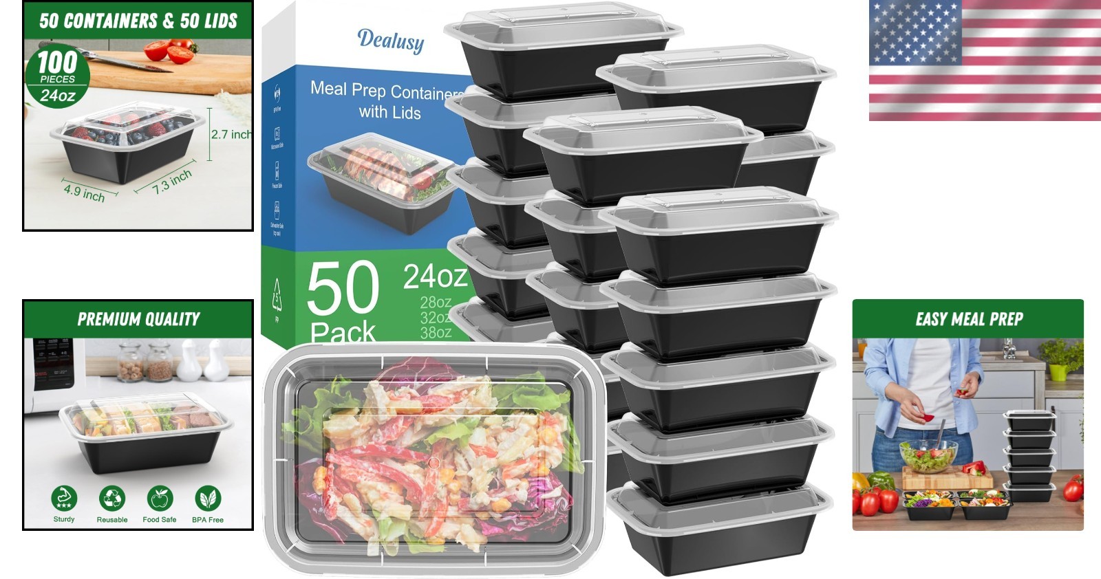 Reusable Food Storage Containers 50 Pack 24 Ounce Black Leakproof with Lids