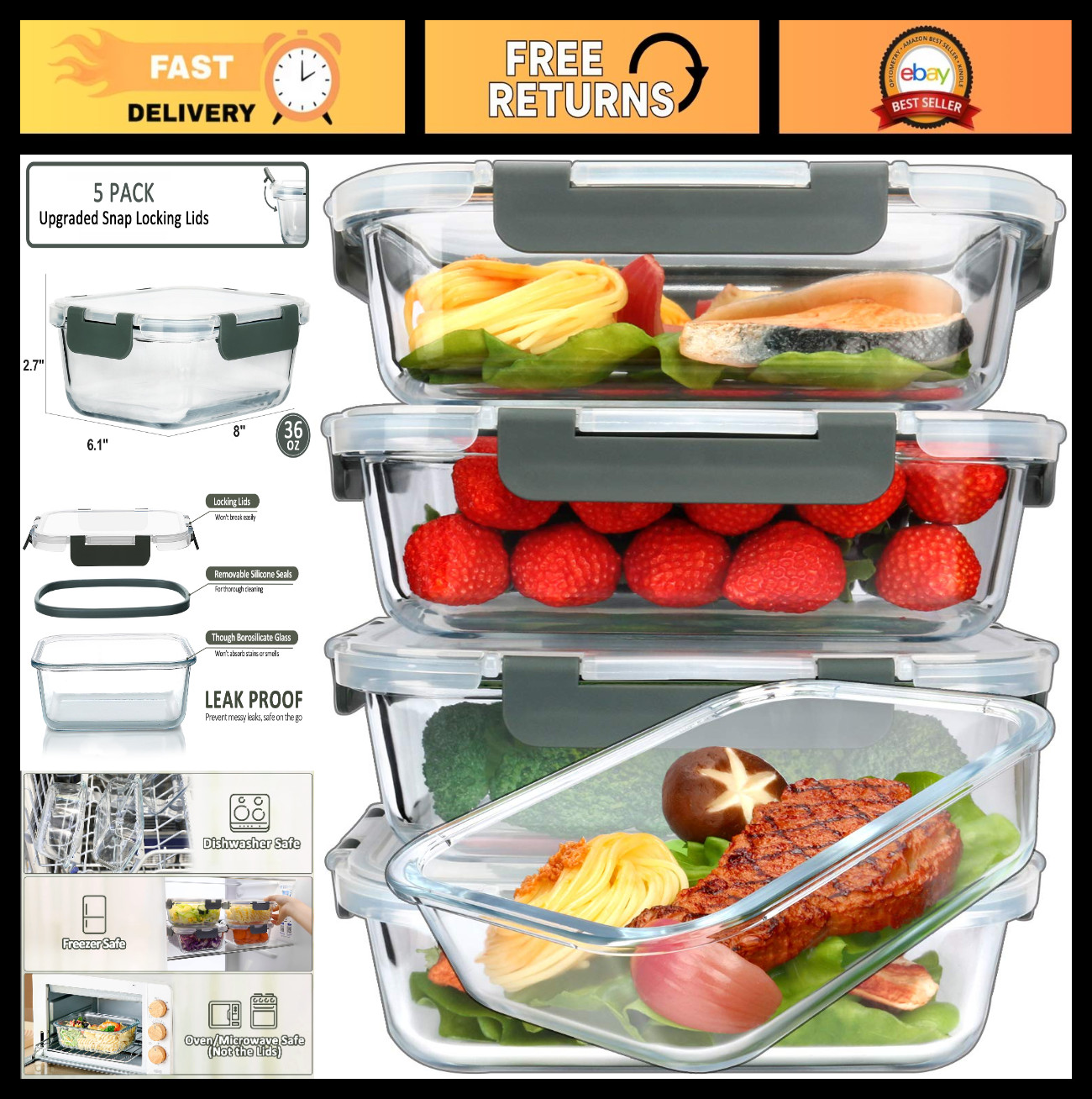 5-Pack 36 Oz Glass Meal Prep Containers with Snap Lock Lids, Airtight, Microwave