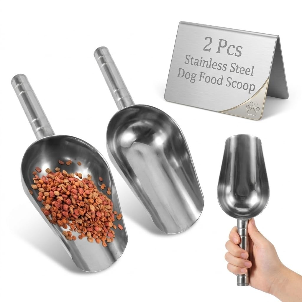 2-Pack 1-Cup Stainless Steel Dog Food Scoop Set – Thin-Edge Pellet Shovel for…