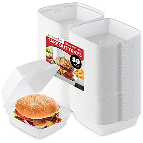 50 Pack 6×6 Inch Clamshell Take Out Disposable Food Containers with Lids