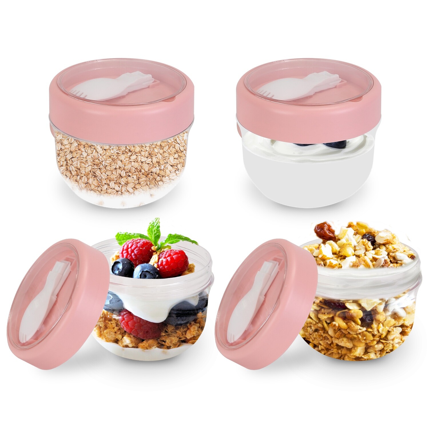 4PC 600ML Salad cup Overnight Oatmeal cup with Lids & Spoons Leak-proof Oats Jar