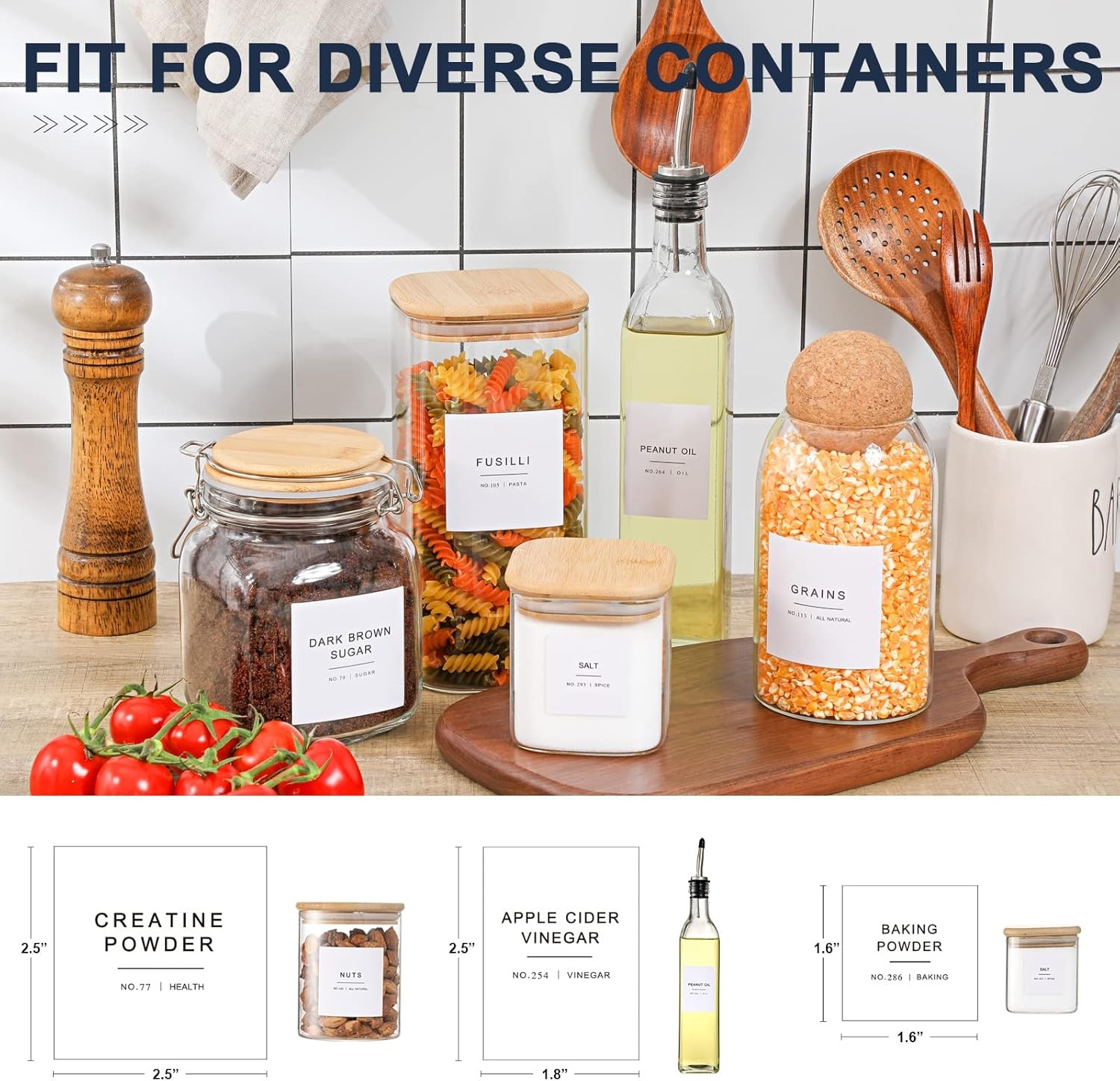 308 Kitchen Pantry Labels for Food Containers, 3 Sizes White Minimalist Labels