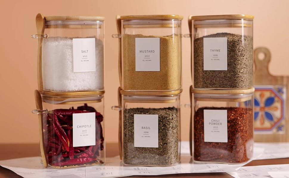 6 Pcs Square Glass Jar with Bamboo Lid and Spoon – 27 oz Large Sugar Container