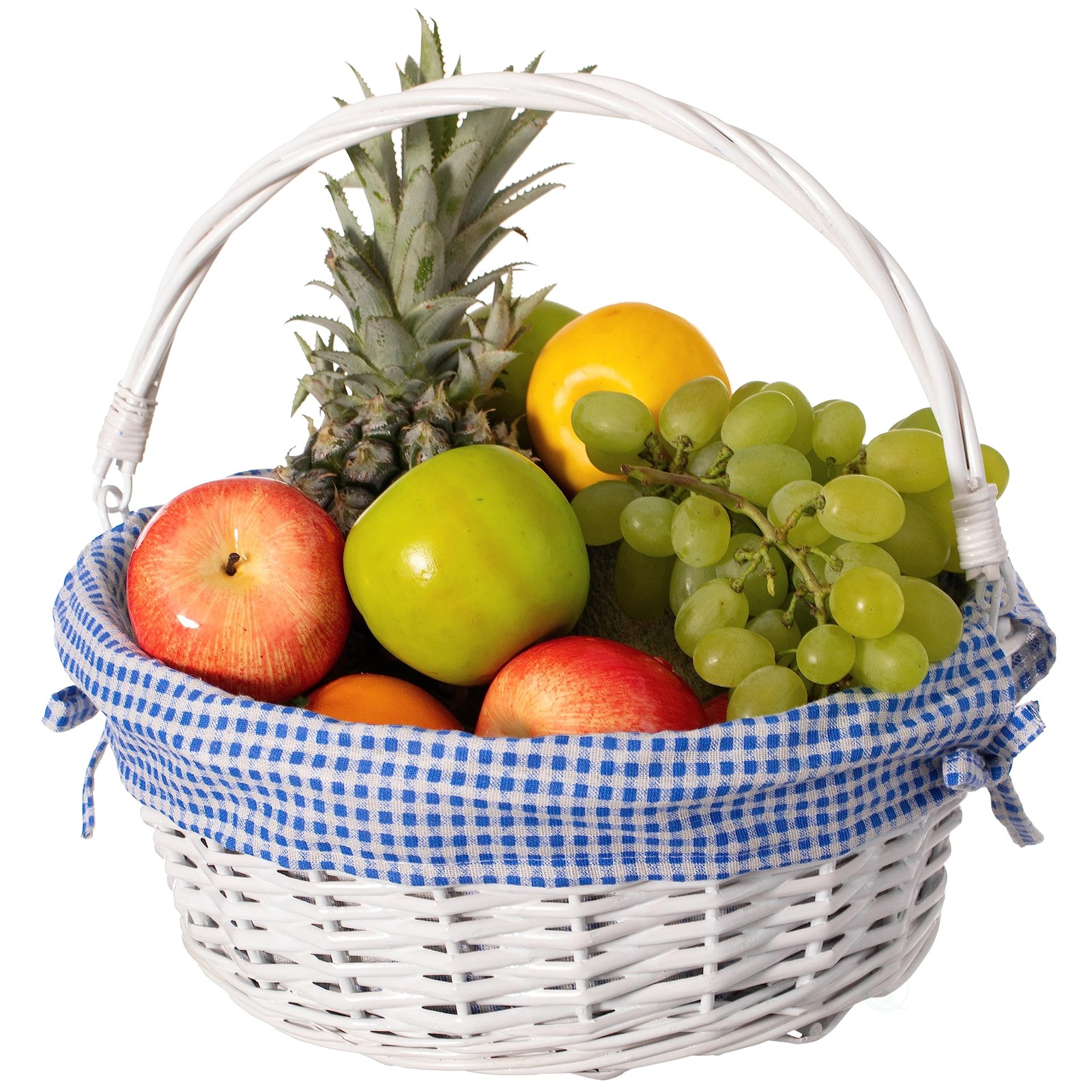 Traditional White Round Willow Gift Basket with Blue and White Gingham Liner …