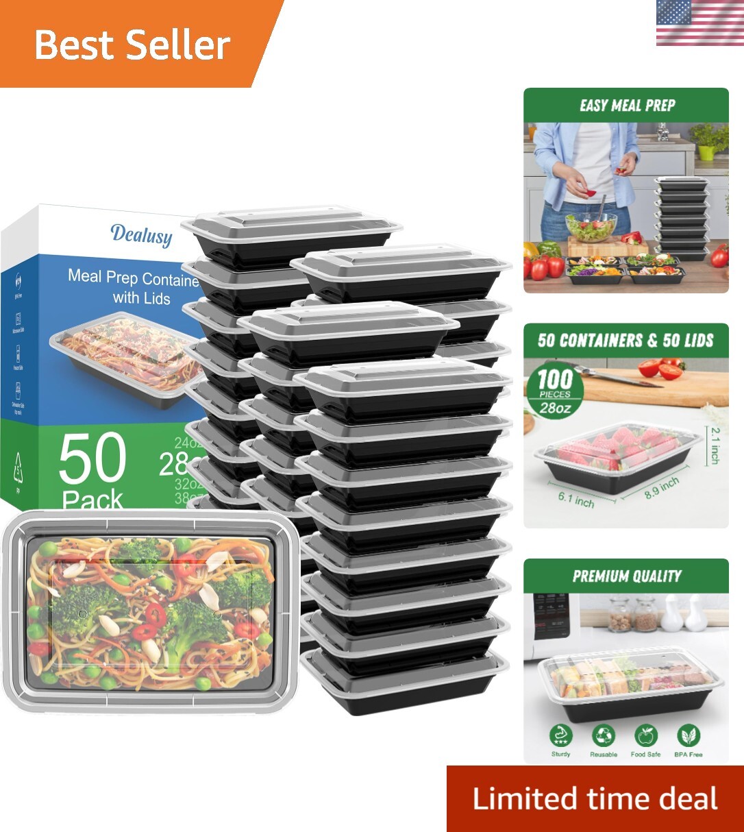 Stackable 50-Pack Meal Prep Containers – 28 oz, Dishwasher Safe and Leakproof