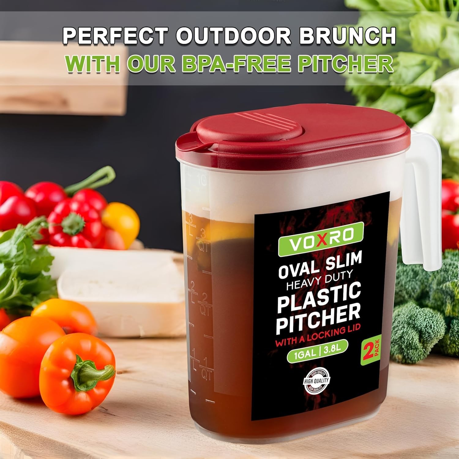 2-Pack Oval Slim Plastic Pitchers With Lids – 1 Gallon, Flip-Top Pivot Spout,…