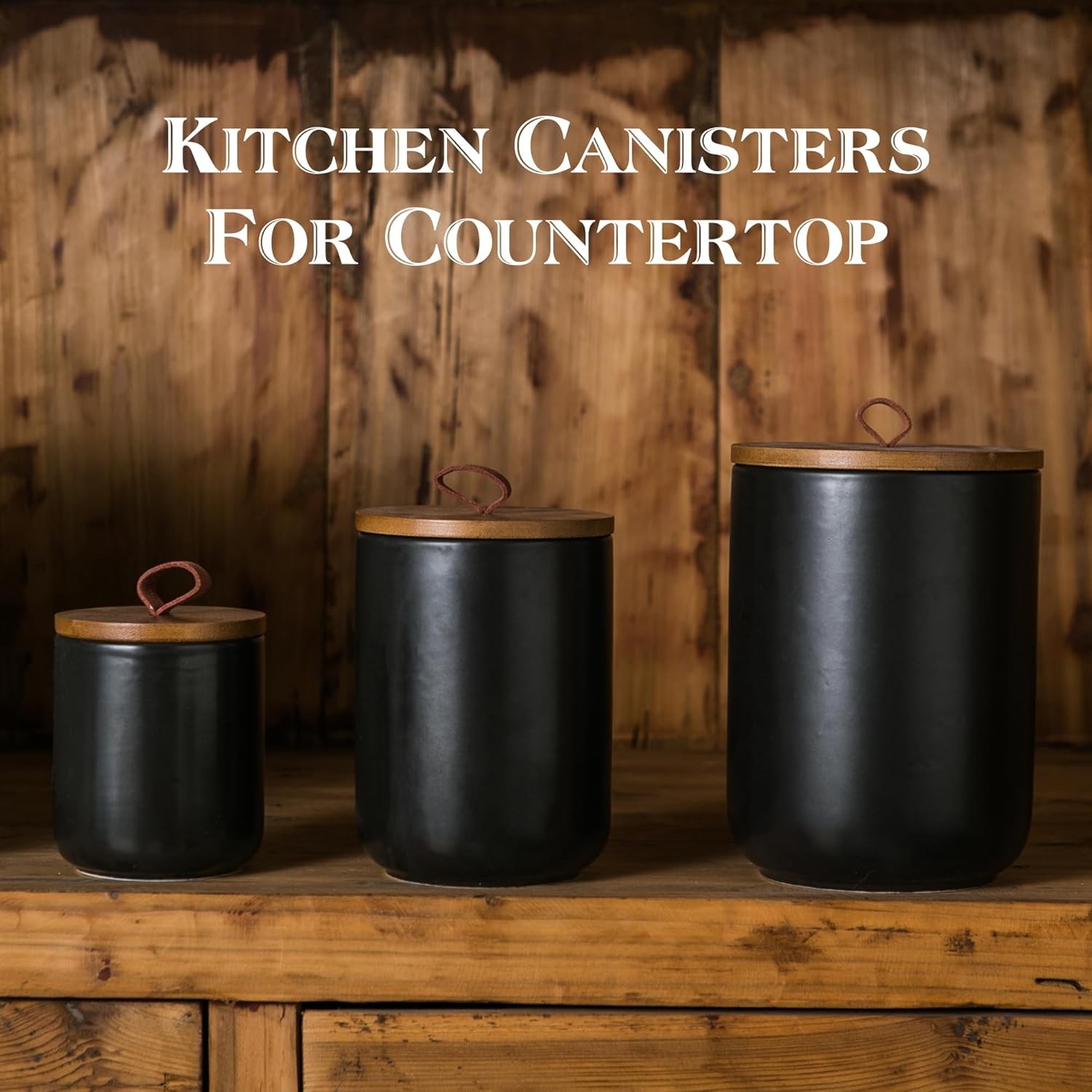 Black Ceramic Canister Set with Wooden Lid, 3-Piece Airtight Food Storage Jars
