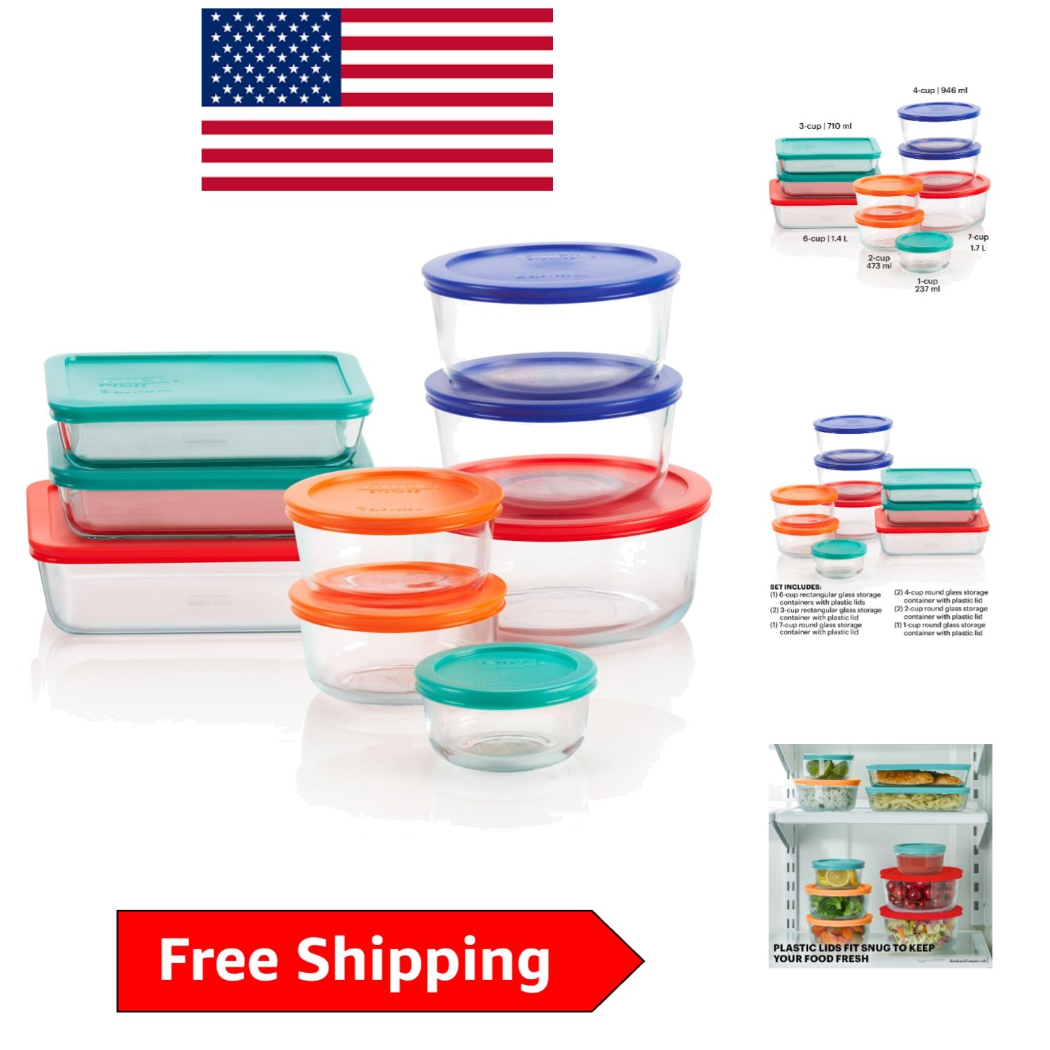 Durable 9-Pack Glass Storage Containers with Color-Coded Lids, 30 Cups Total