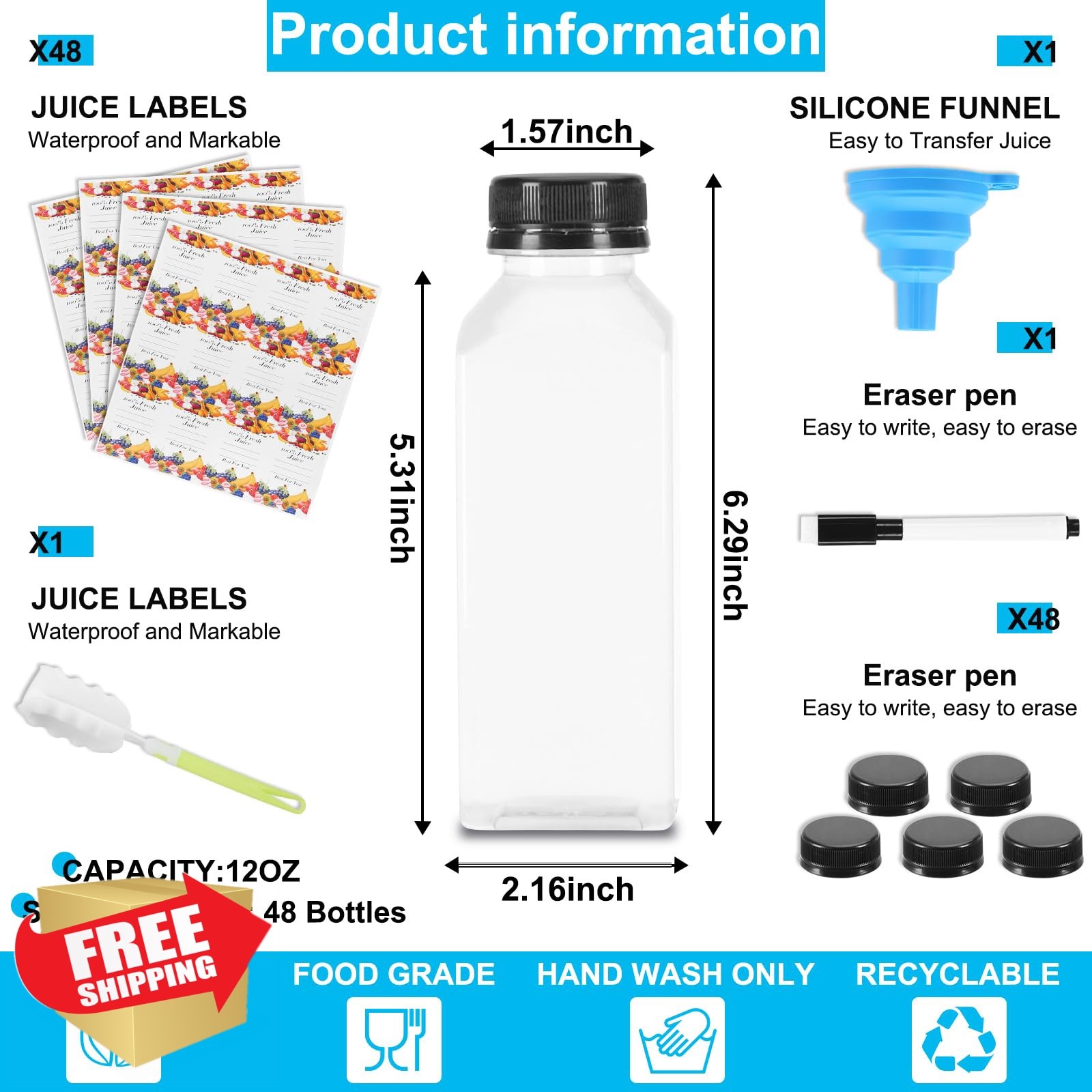 Janisfirst 12oz Plastic Juice Bottles 48pc Black Caps