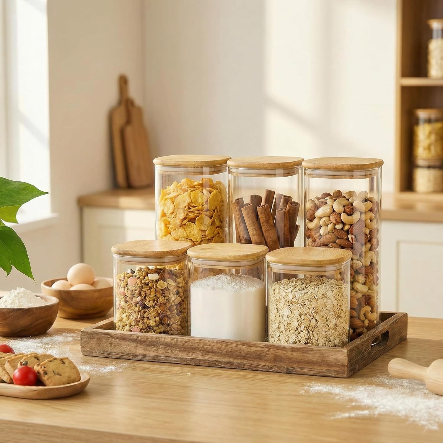 42oz – 4 Pack Square Glass Jars with Bamboo Lids, Glass Food Storage Containers