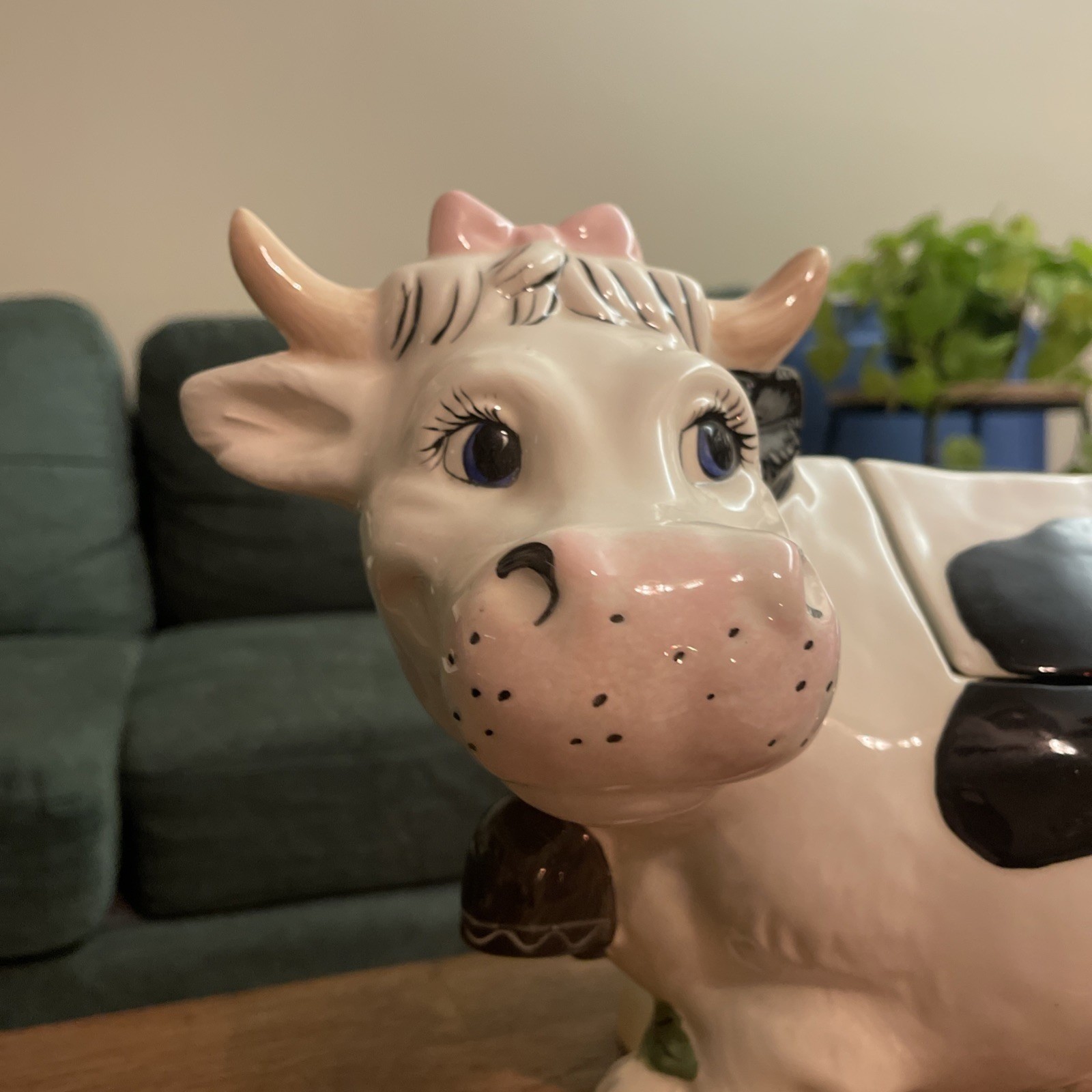 VTG Ceramic Cow Cookie Jar Black White Pink Bow Granny Twin Winton Cottage 16″