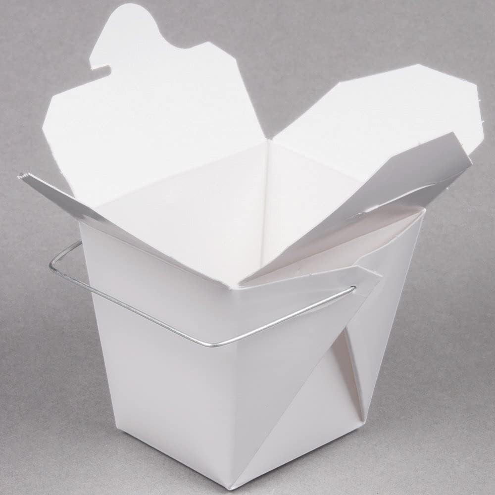 White Chinese Asian Paper Take Out Box with Wire Handle, Leak and Grease Resista