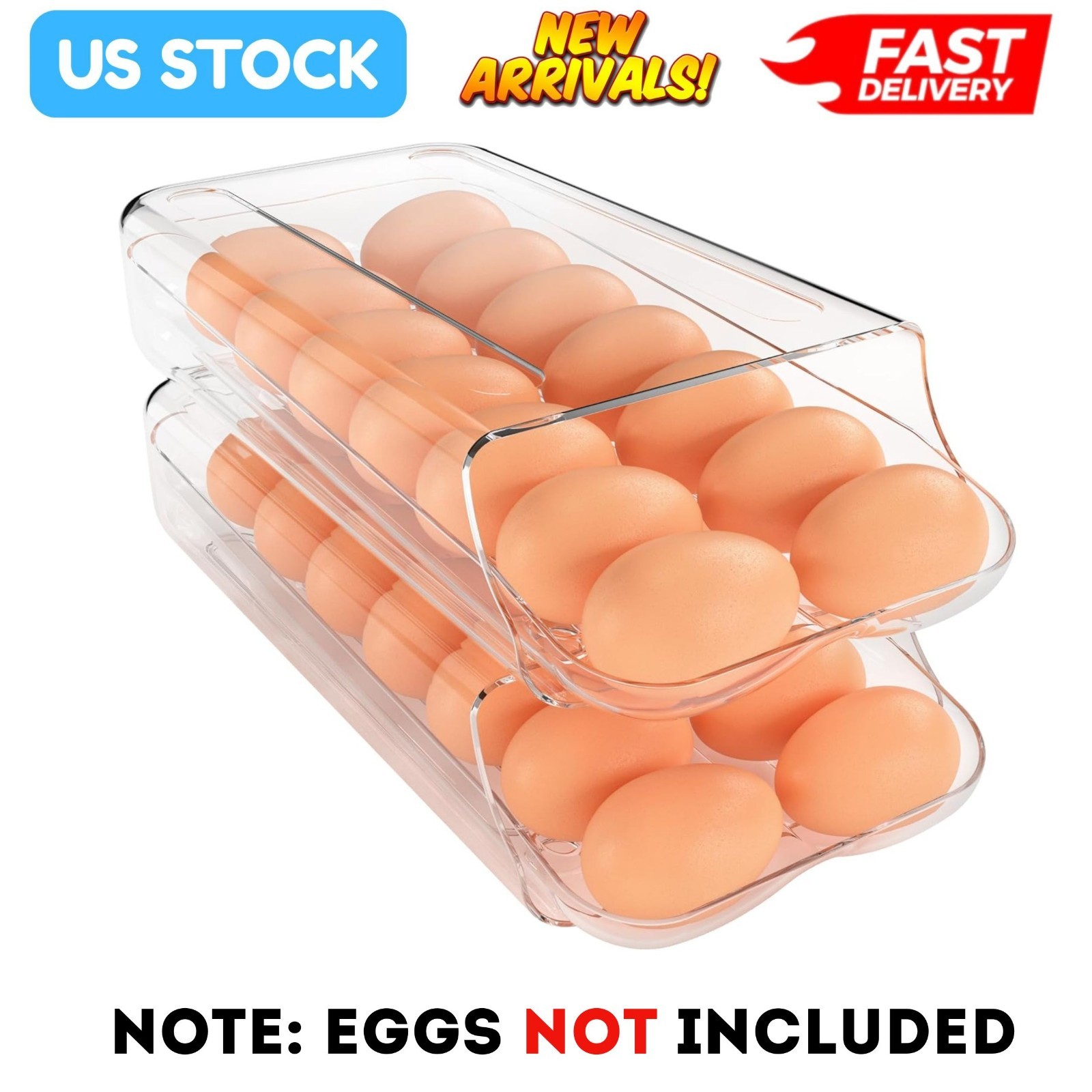 2 Pack Egg Holder Clear Plastic Container Egg Dispenser for Fridge Refrigerator