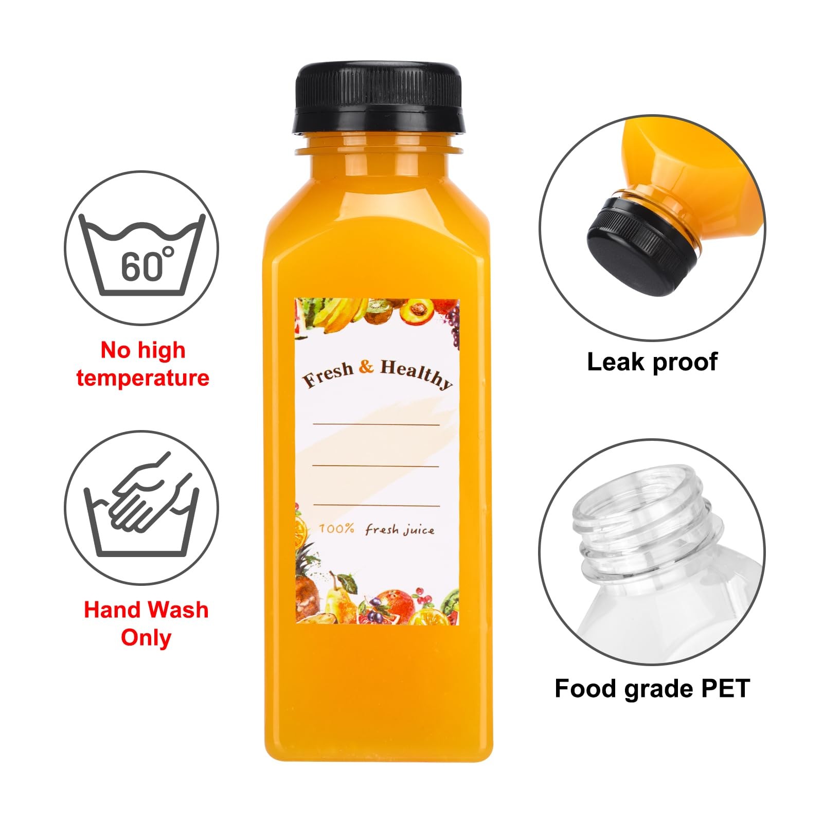 36 PCS 12oz Juice Bottles Plastic Lids Reusable Clear Containers Caps