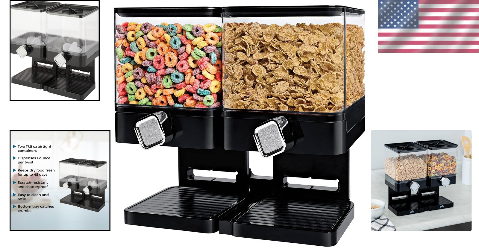 Airtight Dual Canister Food Dispenser for Cereal & Snack Storage, Black/Chrome