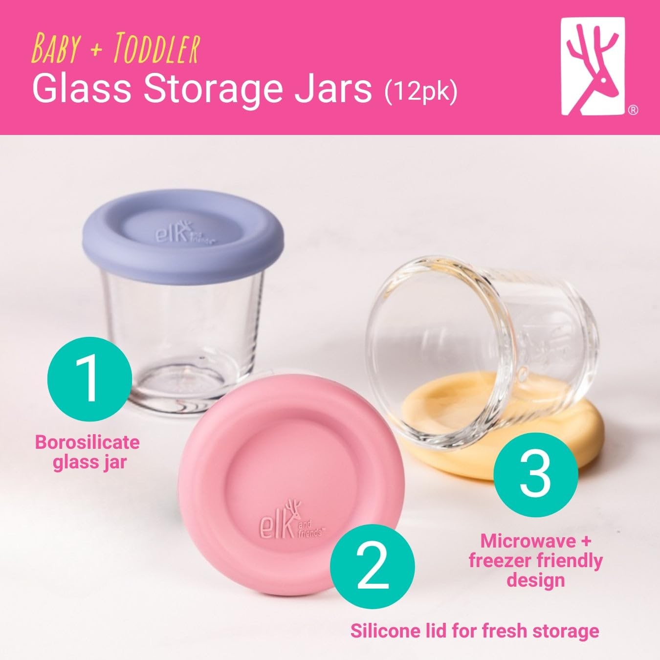 Elk and Friends 4oz Borosilicate Glass Baby Food Storage Jars with Silicone Lid