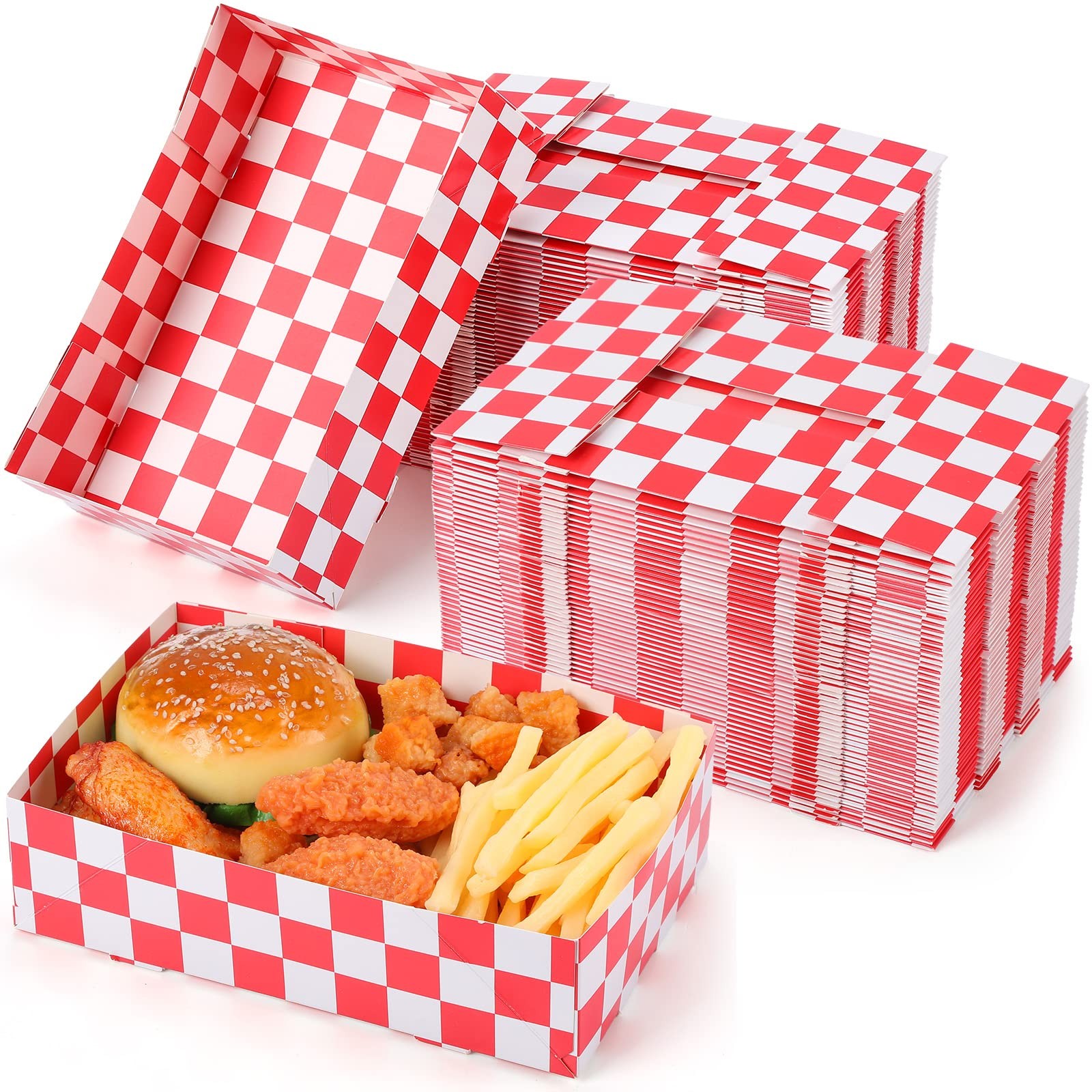 100 Pcs Disposable Red Checkered Cardboard Food Tray 8.6″ x 5.5″ x 2.3″ Paper…