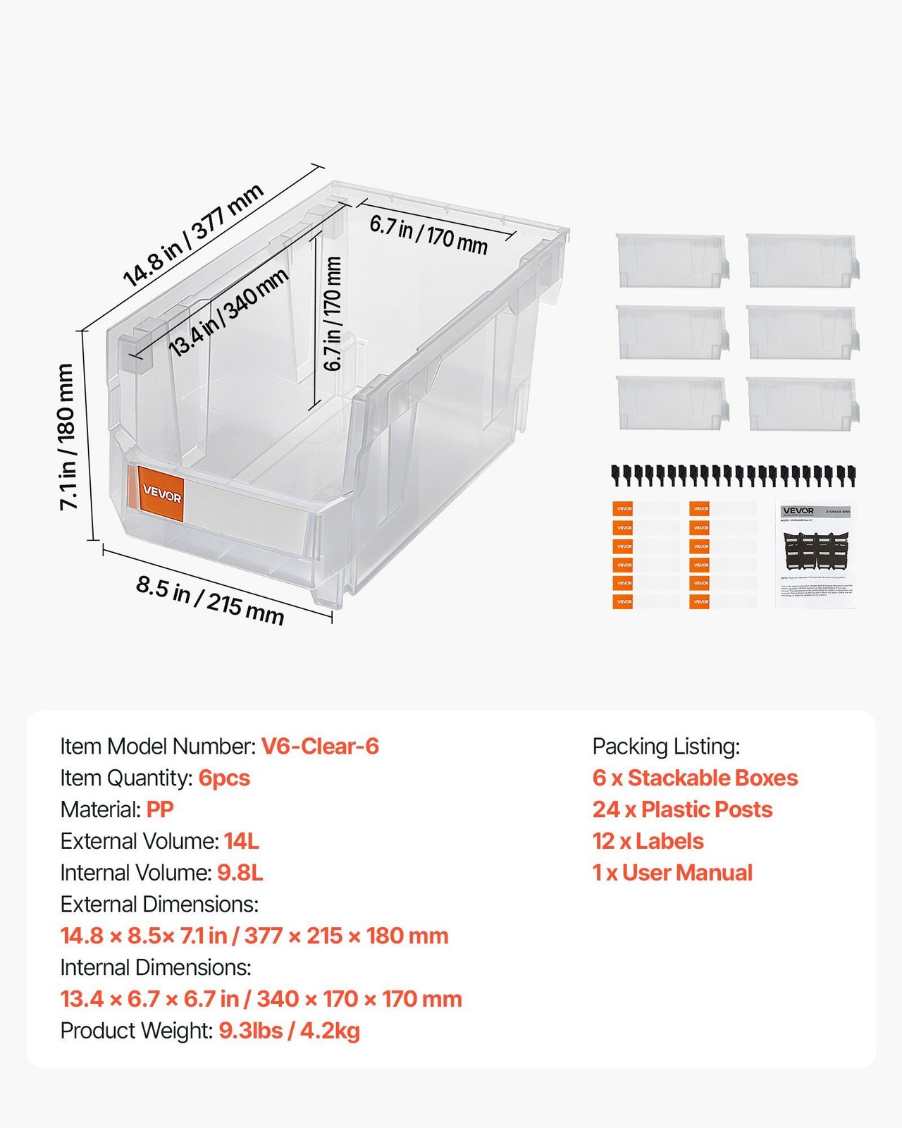 6-Pack Stackable 14.8×8.5×7.1in Transparent Plastic Storage Bin Organizer