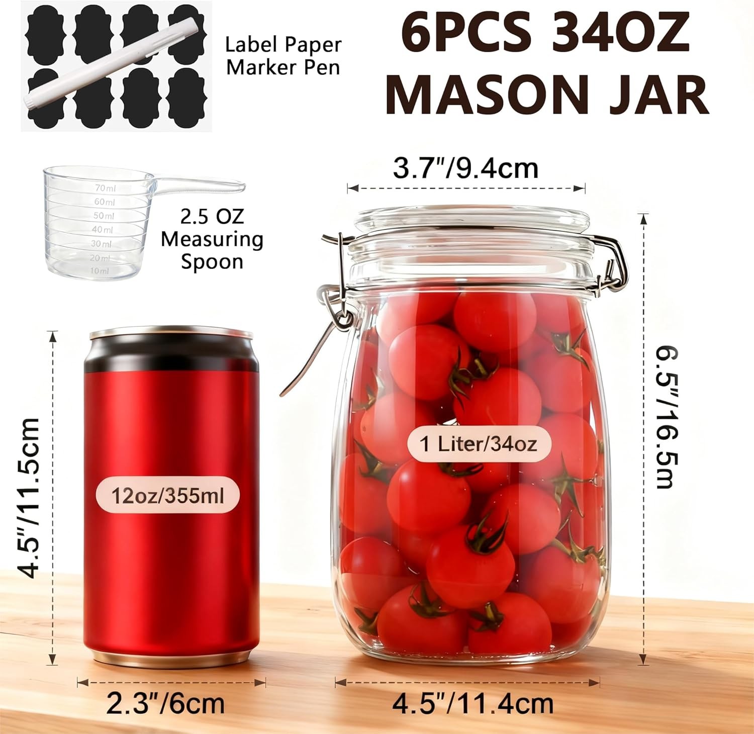 6PCS Glass Jars with Airtight Lid, 34 OZ Mason Jars Wide Mouth, Glass Pickling