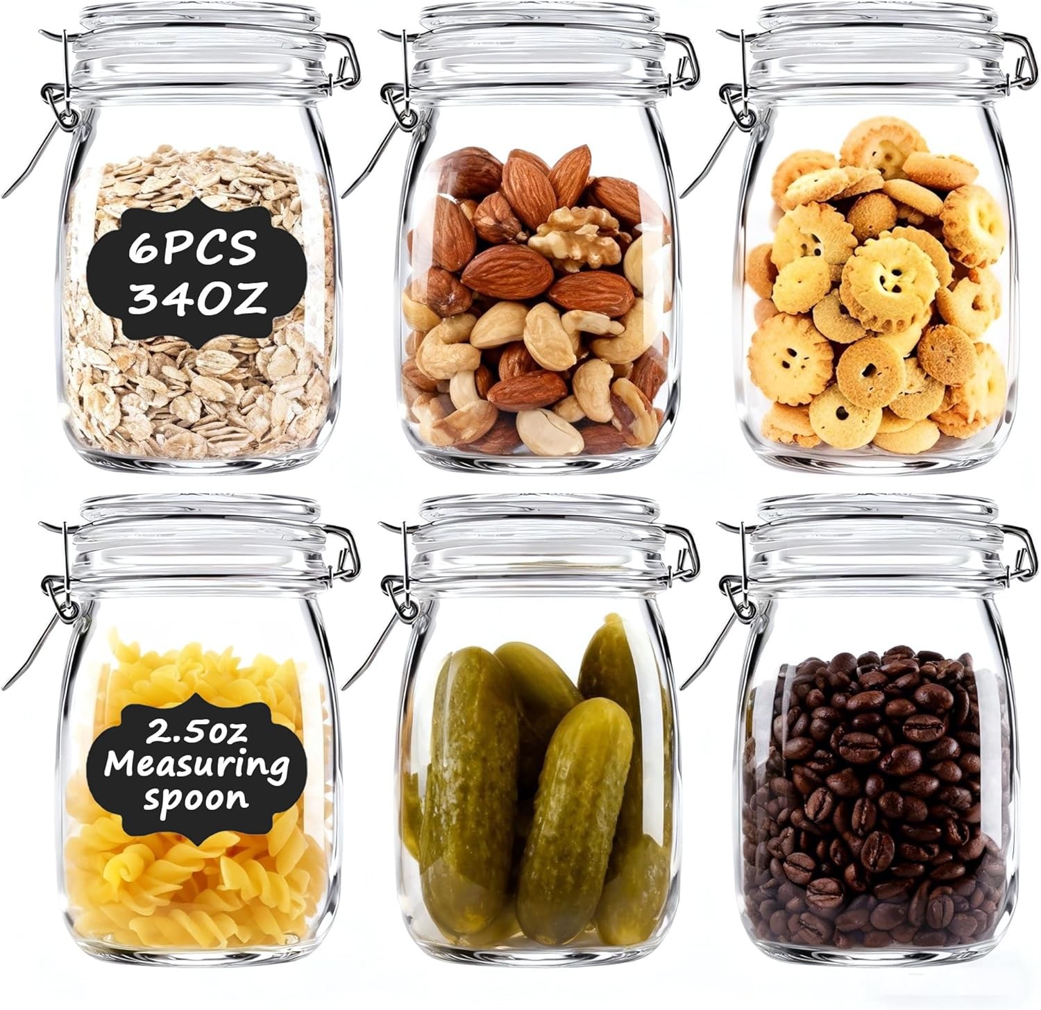 6PCS Glass Jars with Airtight Lid, 34 OZ Mason Jars Wide Mouth, Glass Pickling