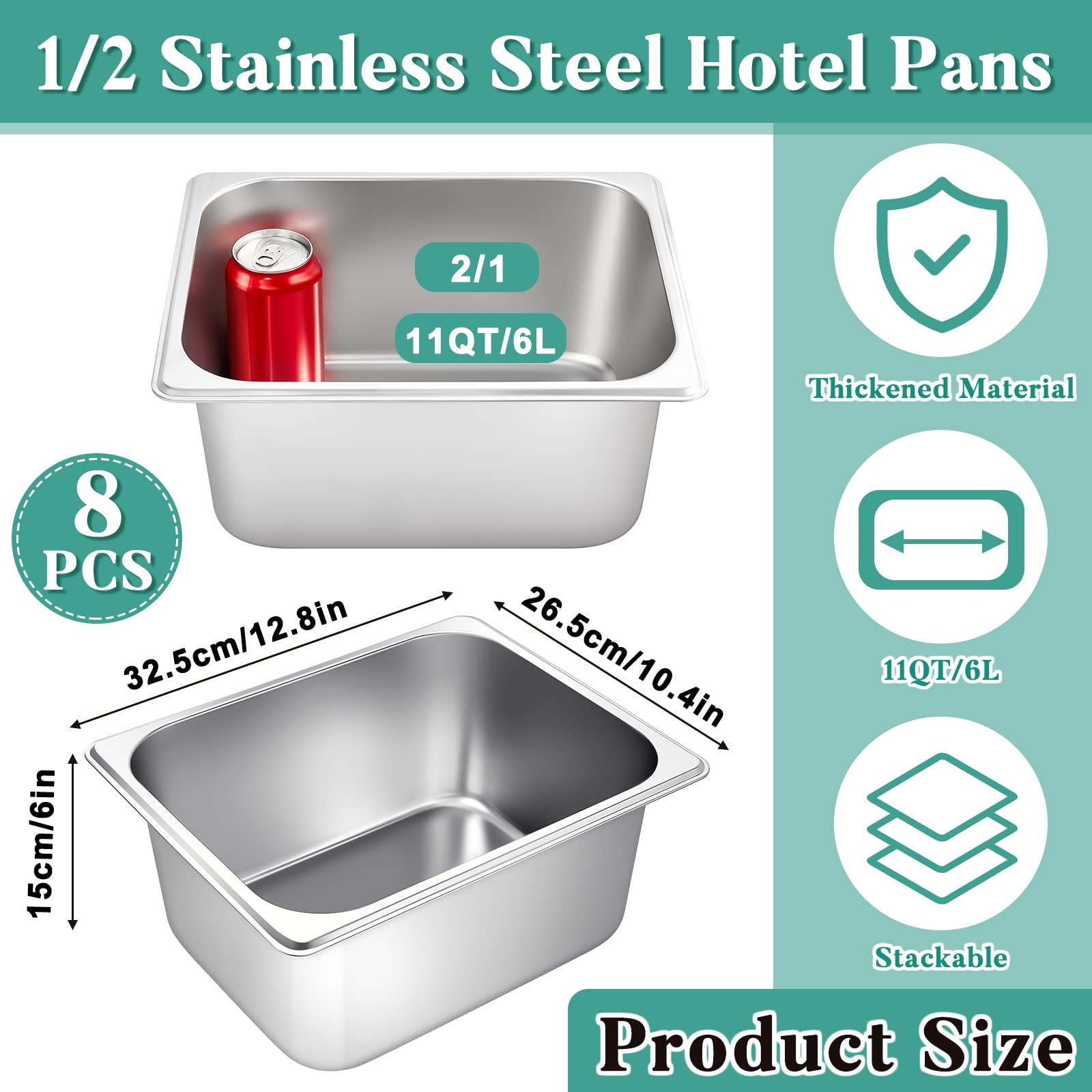 8 PCS Hotel Pans Stainless Steel Steam Table Pan 1/2 Half Size 6 Inch Deep