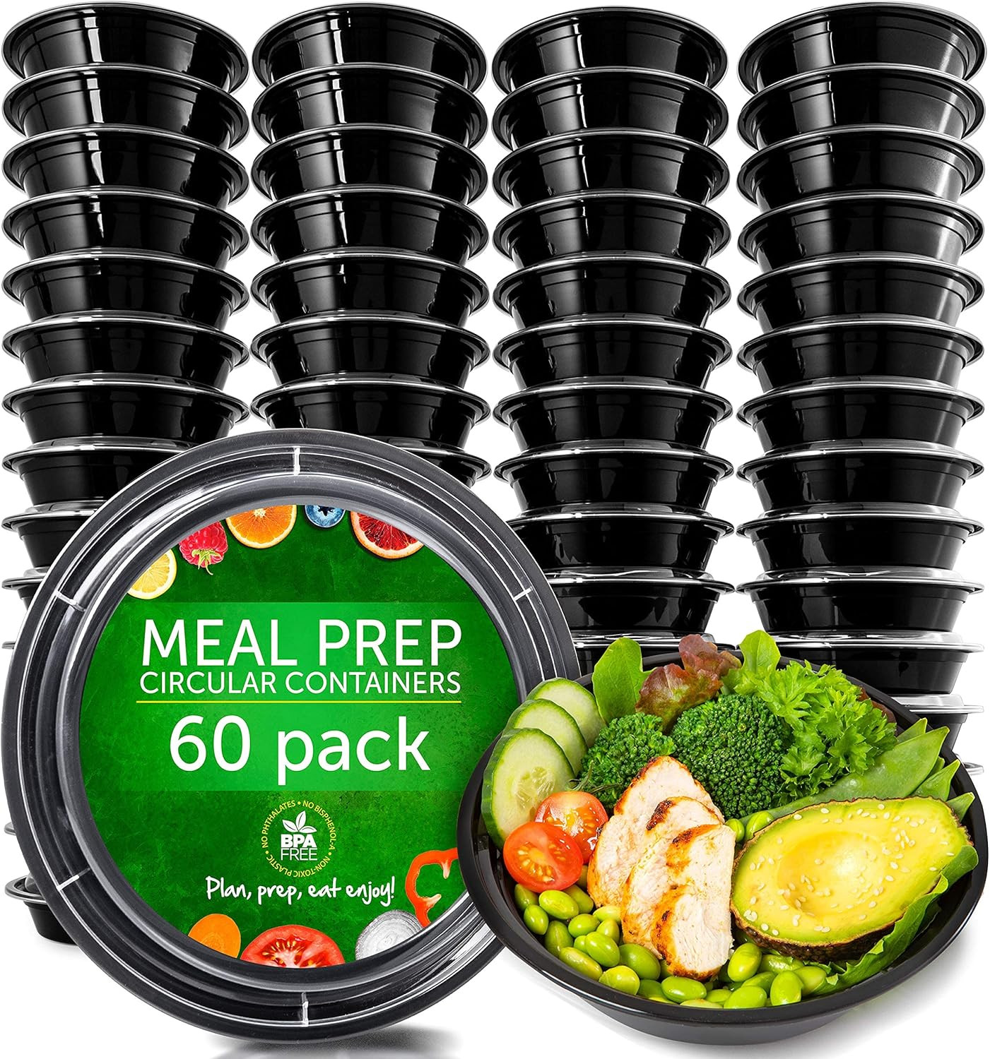 Prepnaturals Reusable Plastic Containers with Lids, 60 Pack, Black, Meal Prep Bo