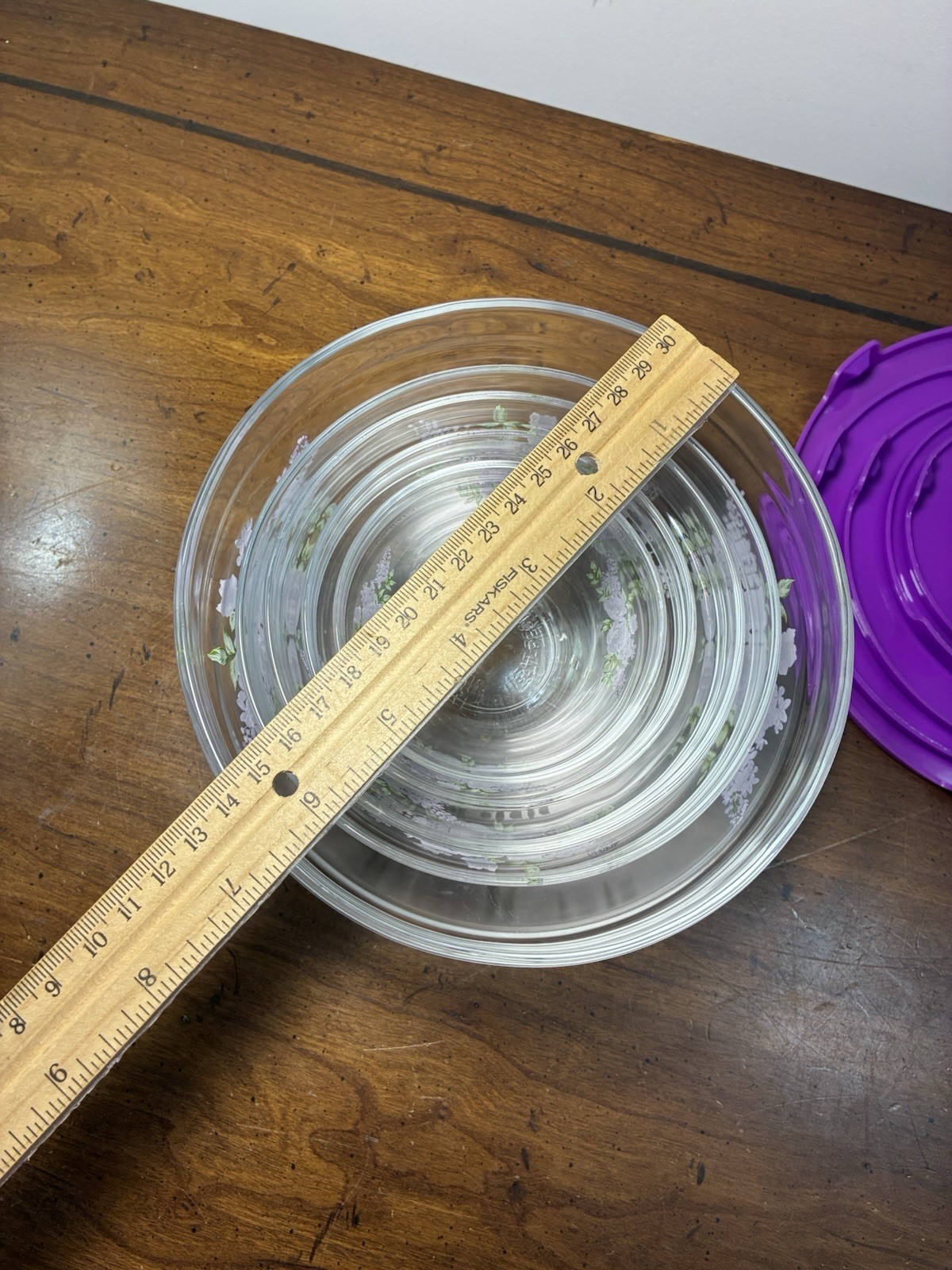Vintage Durable Imperial 10p Nesting Glass Bowl Set w/ Purple Lids Floral Design