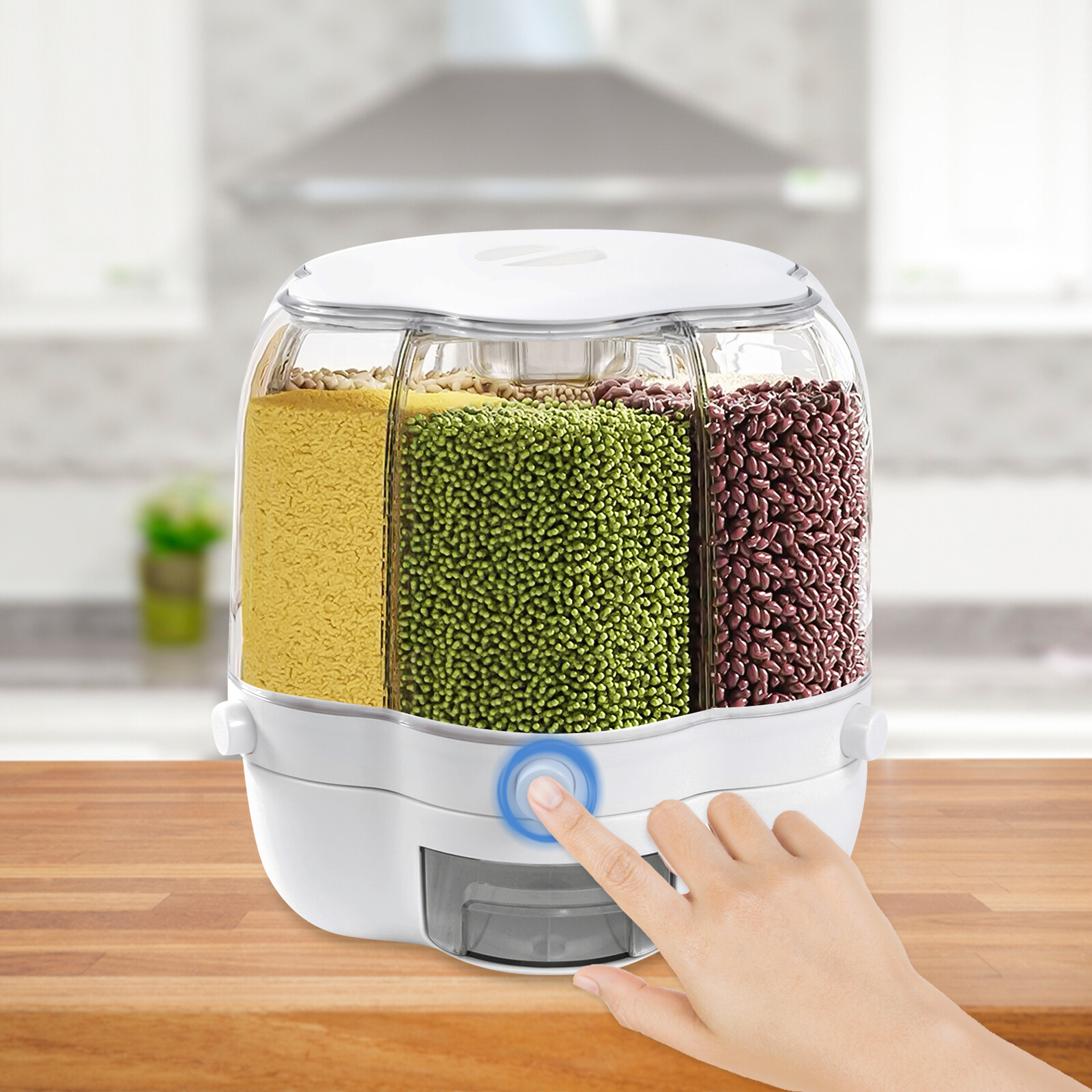 Rotating Food Dispenser Rice Grains Container 6-Grid Flour Storage Bucket w/lid