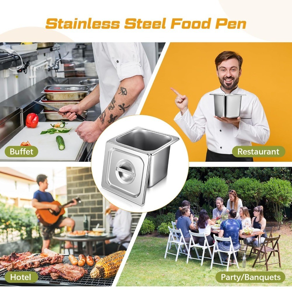 16 Pack 1/6 Size Stainless Steel Steam Table Pans with Lids 2 Tongs 4 Spoons 6