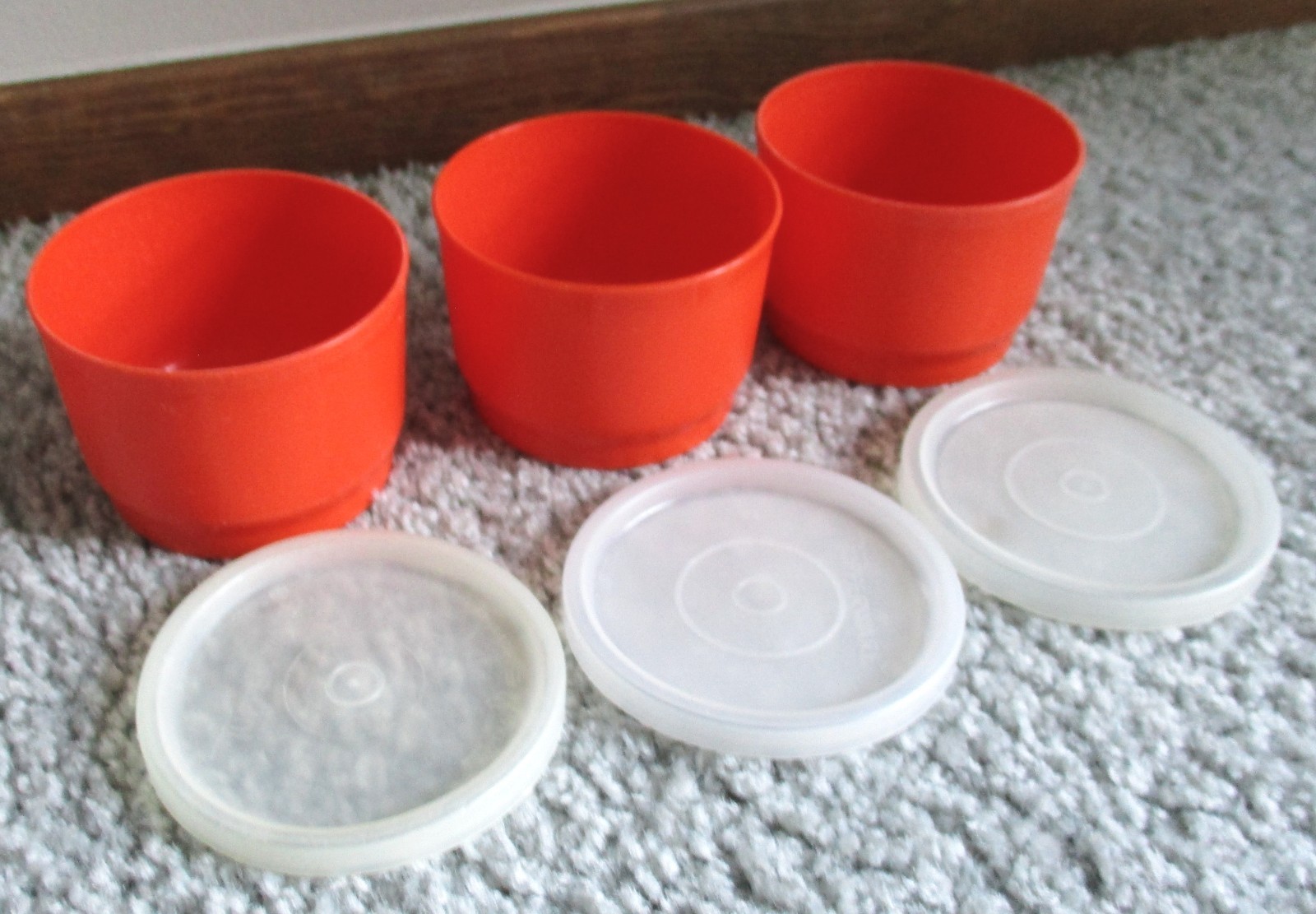 Vintage Tupperware Set of 3-Orange Snack Cups-4 oz. #1229 & Lid Seals #297