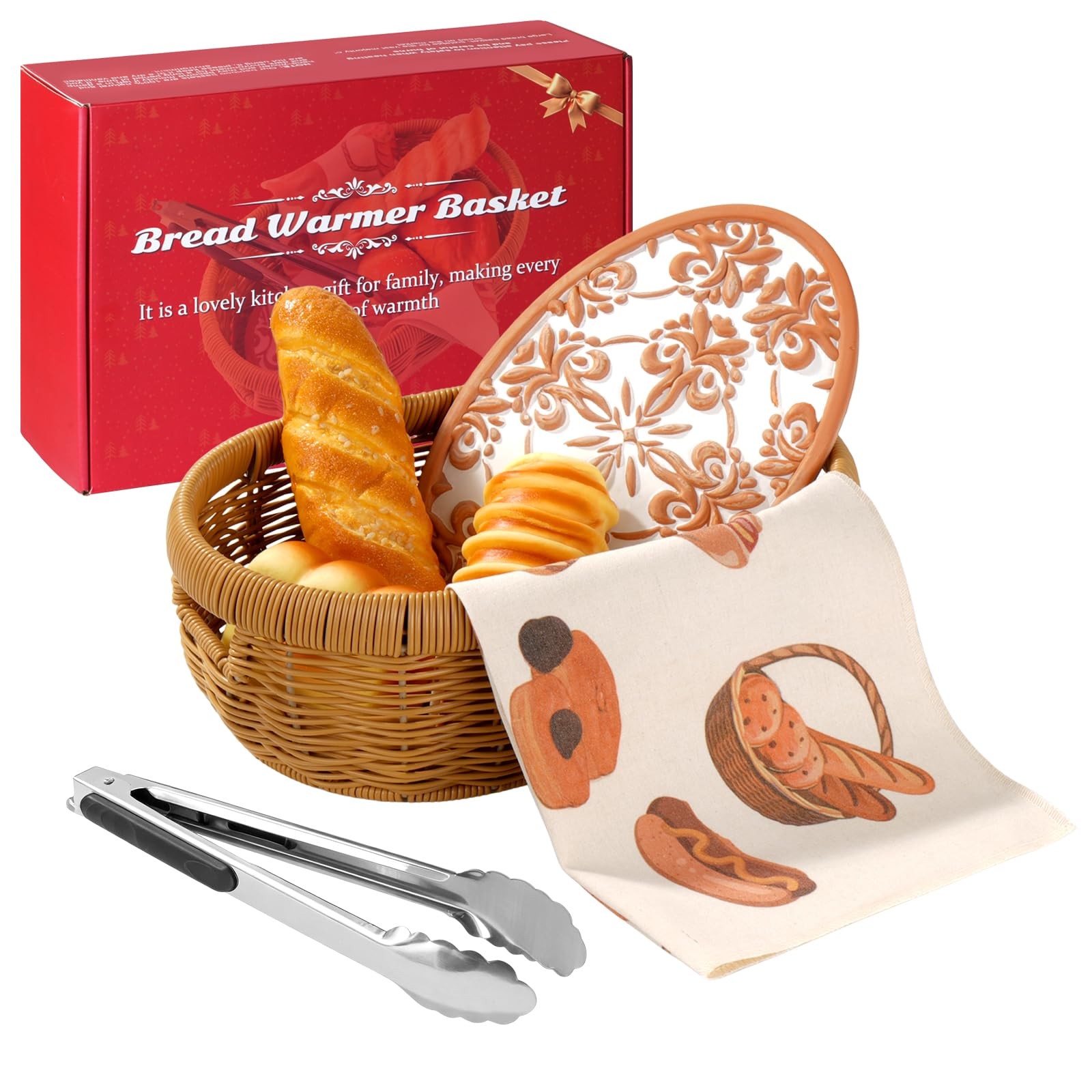 Twig Bread Warmer Basket With Terracotta Stone Bowl Linen Liner Sourdough