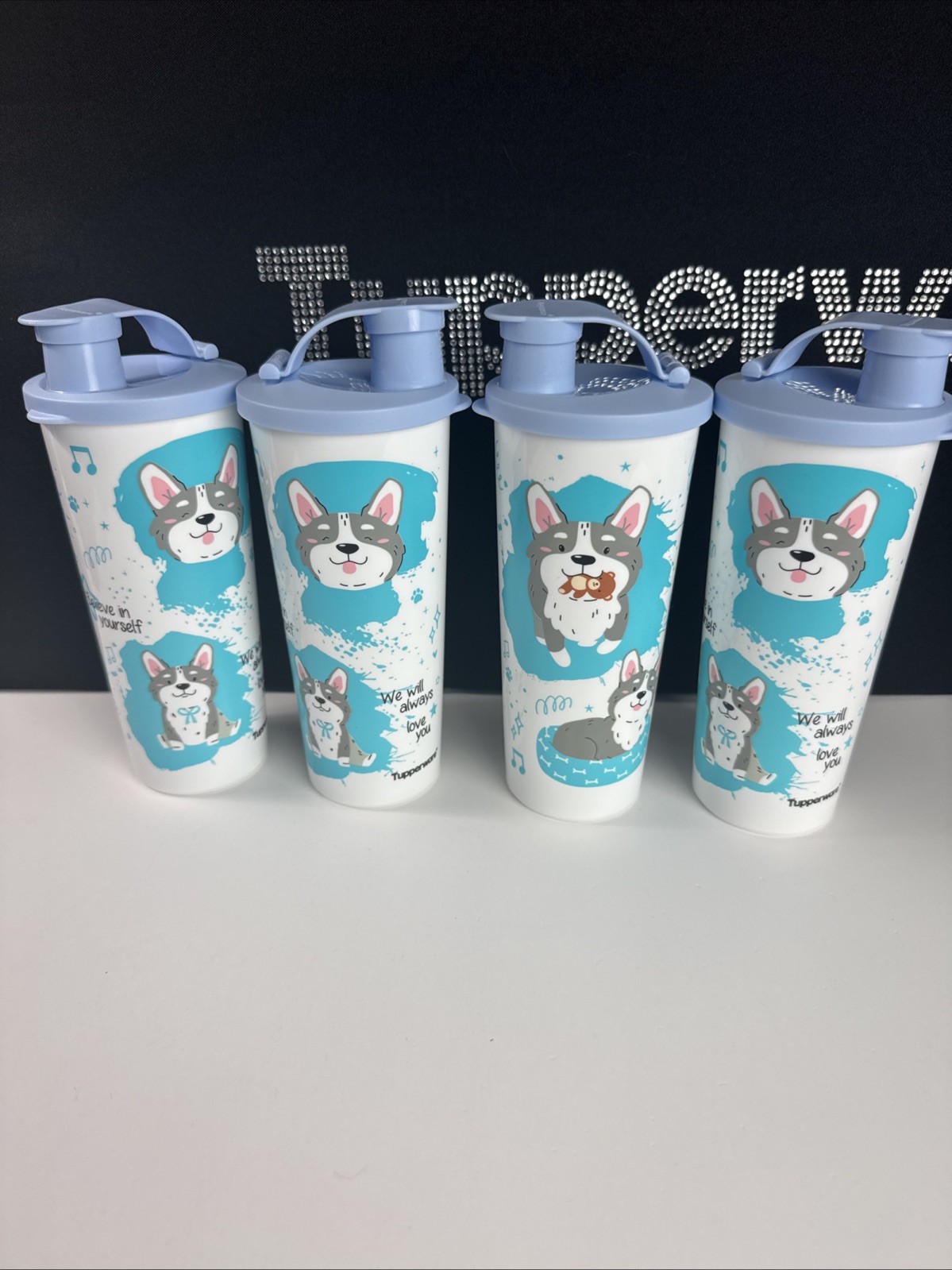 Tupperware Tumbler Flip Top With Smoothie Seal 16oz Set Of 4 Corgi Dog Print