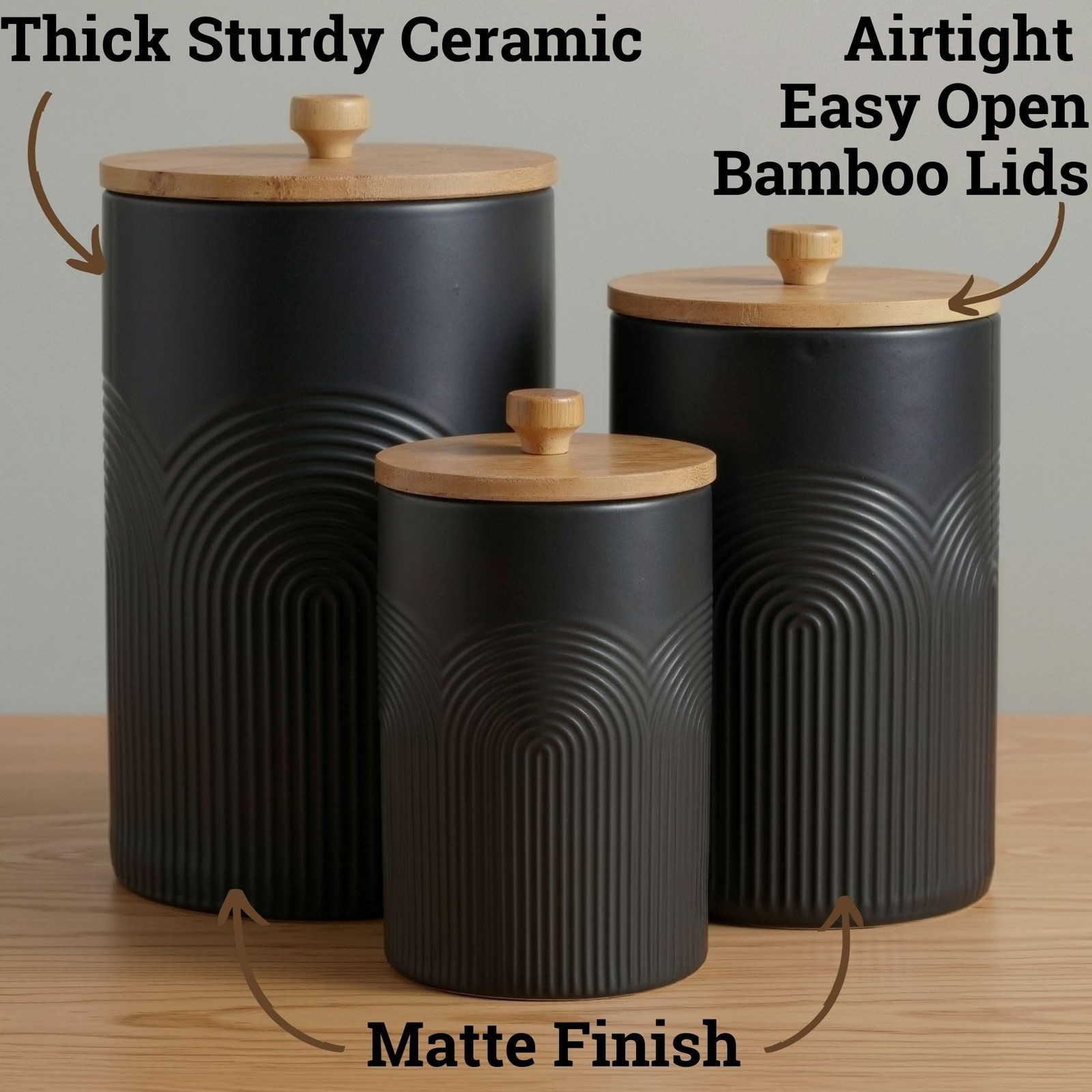 Ceramic Kitchen Canisters for Countertop Set of 3 with Airtight Bamboo Lids -…