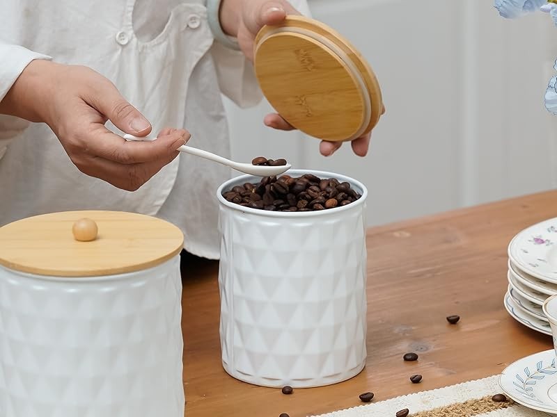 Kitchen Canister Set of 3 Tea Coffee Sugar Containers with Airtight Bamboo Lids