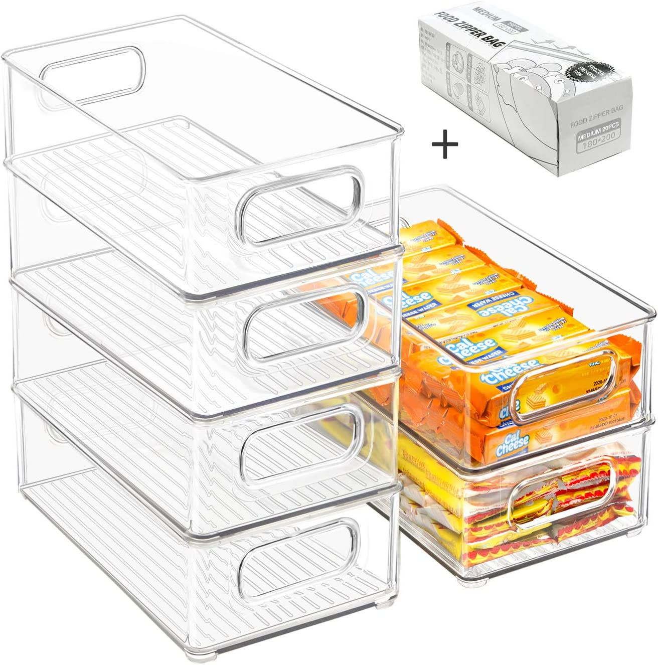 6 Pack Stackable Clear Refrigerator Organizer Bins w/ Handles BPA Free 10″ L