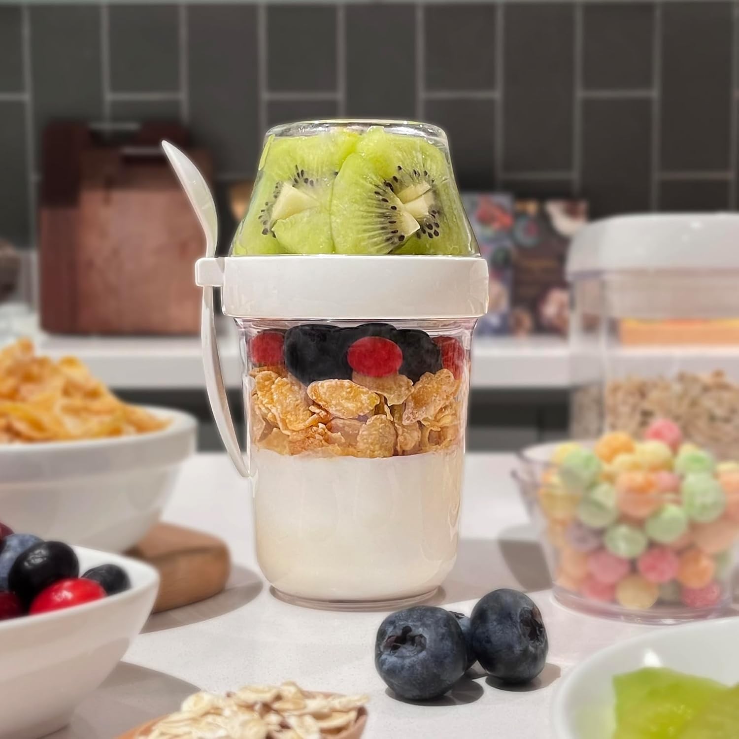 Leak Proof White 12 oz Yogurt Parfait Snack Cup with Spoon & Lid Bpa Free