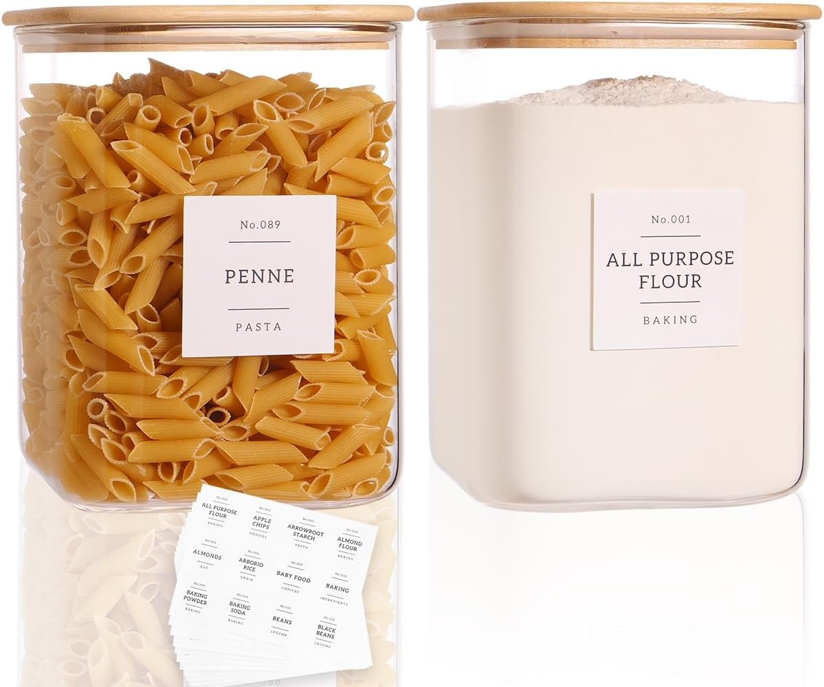 2 Pack Square Glass Flour and Sugar Containers with 132 Kitchen Pantry Labels –
