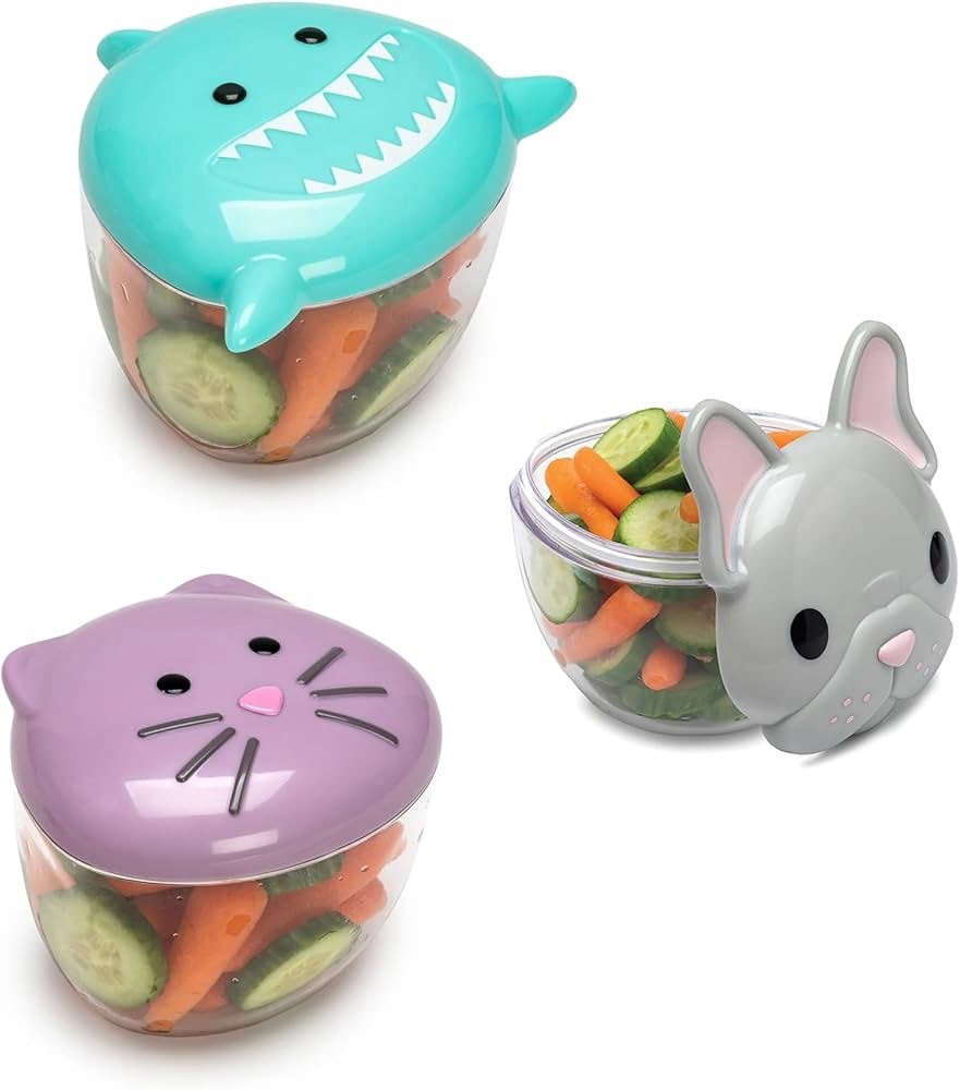 Melli Set Of 3 Animal Snack Containers With Lids Shark, Bulldog & Cat NEW In Pkg