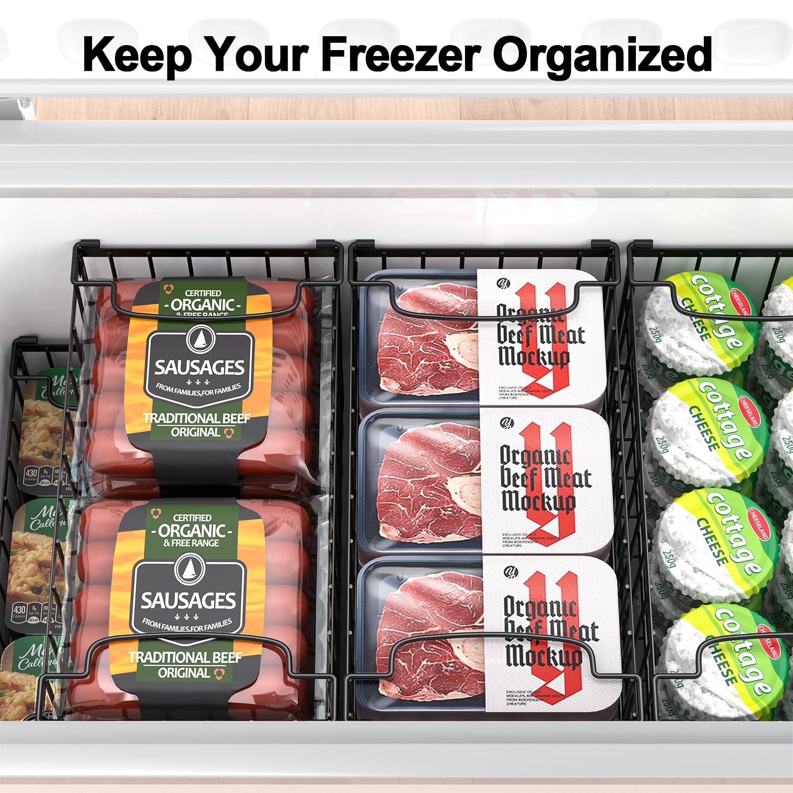 Stackable Freezer Organizer Bins 4-Pack – Deep Storage Baskets with Handles for